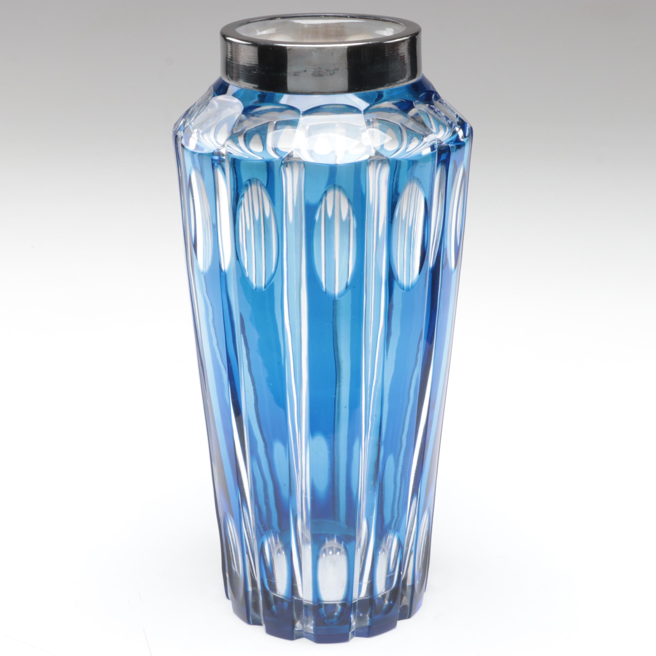 Bohemian Blue Cut to Clear with Silver Plate Rim Czech Art Glass Vase, 20th C.