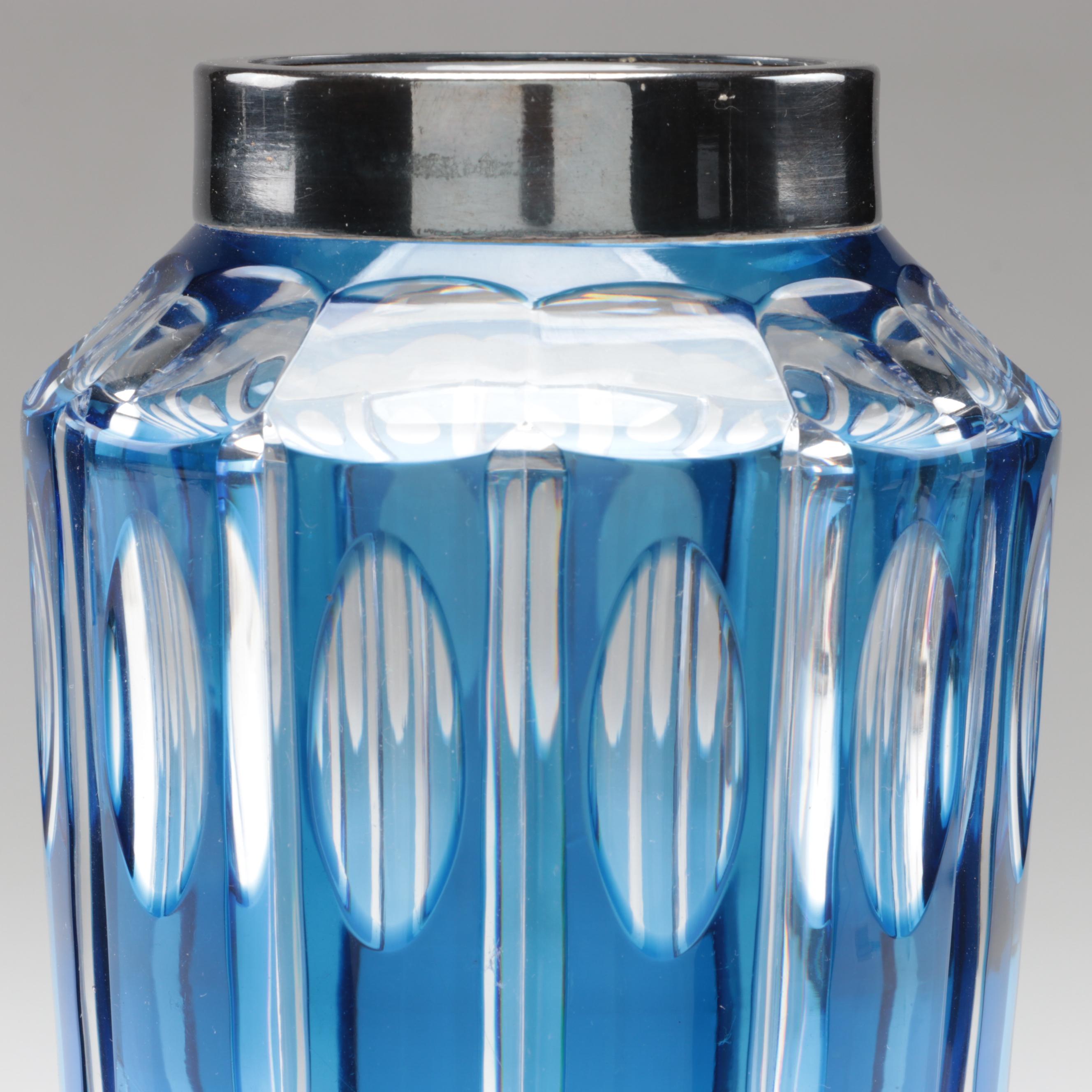 Bohemian Blue Cut to Clear with Silver Plate Rim Czech Art Glass Vase, 20th C.