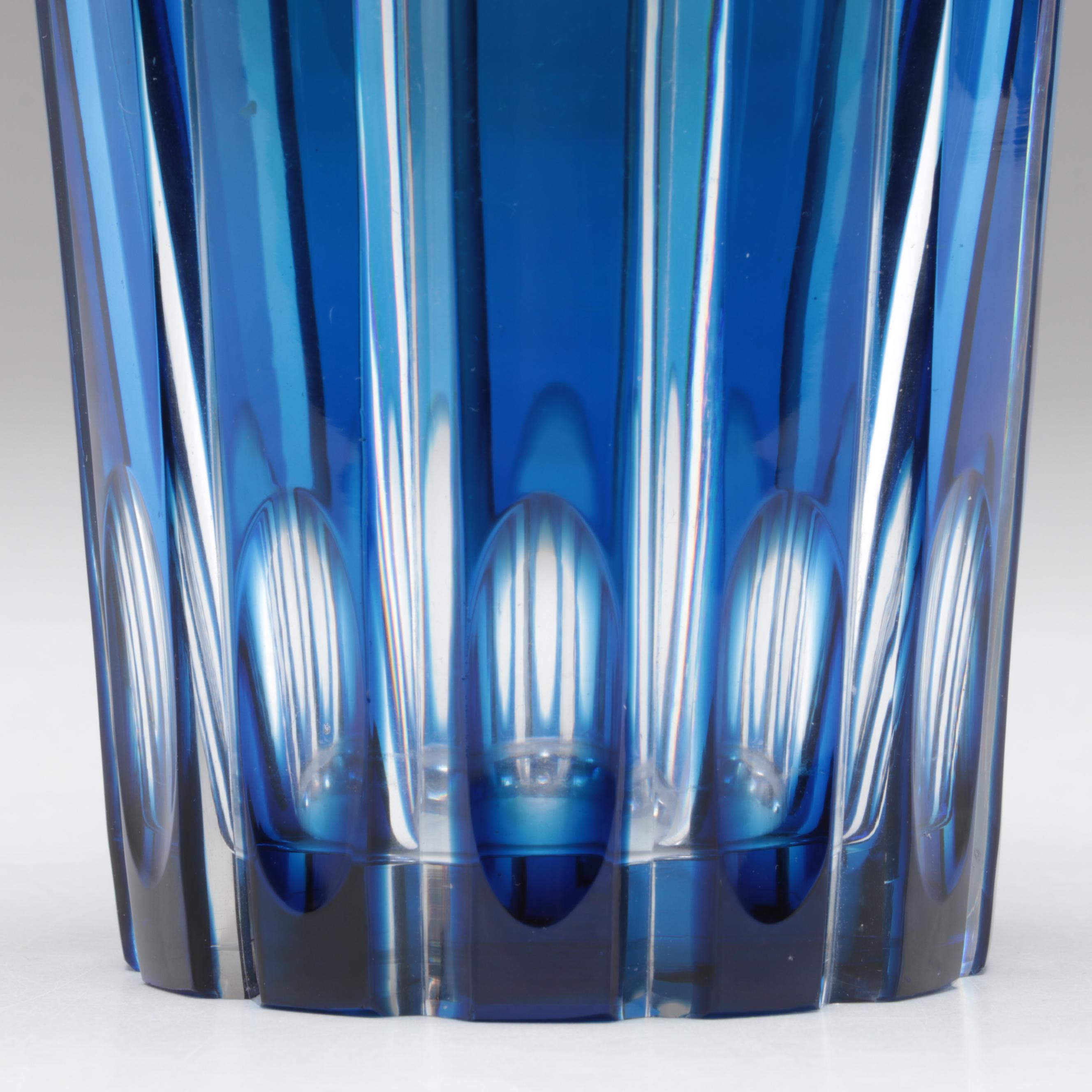 Bohemian Blue Cut to Clear with Silver Plate Rim Czech Art Glass Vase, 20th C.