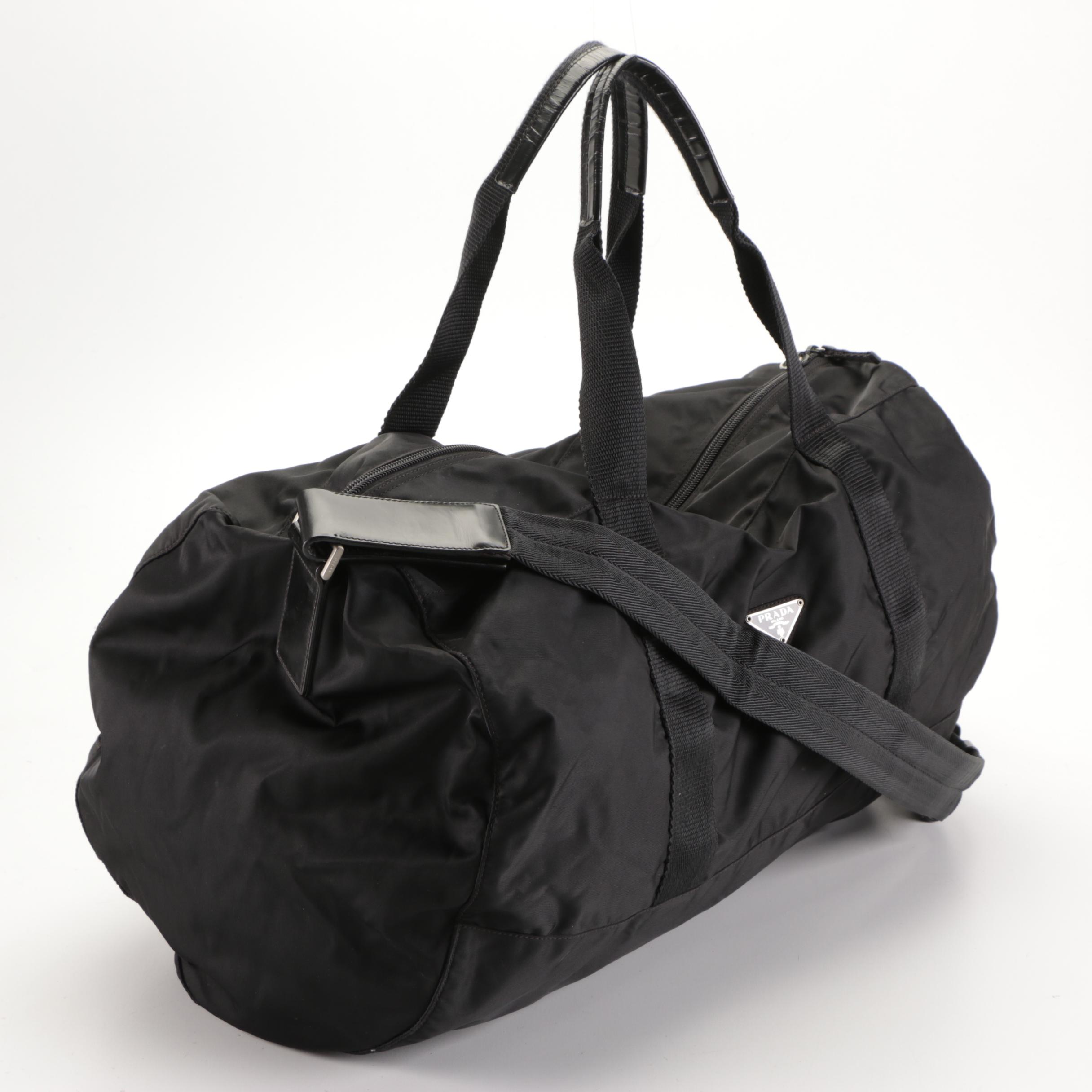 Prada Black Tessuto Nylon Weekender Bag with Leather Trim