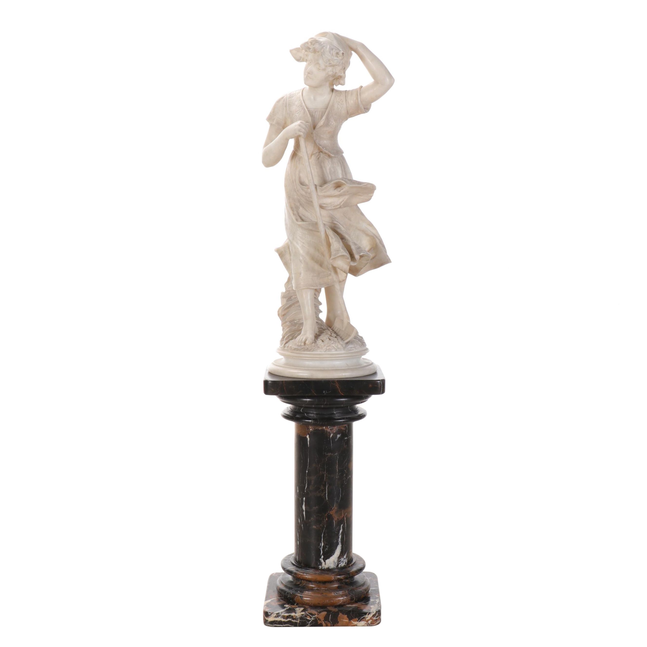 Adolfo Cipriani Alabaster Sculpture of Shepherdess on Marble Column