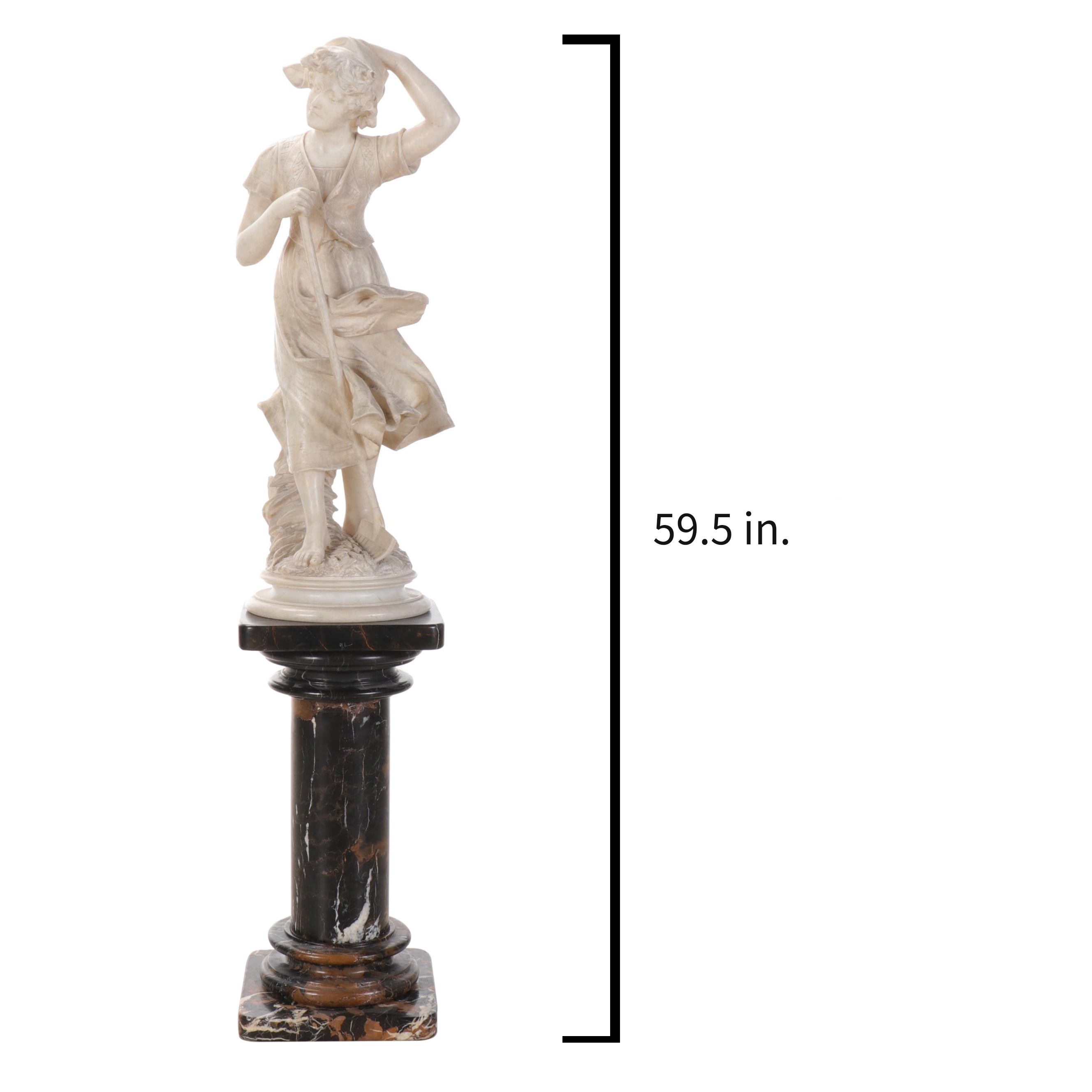 Adolfo Cipriani Alabaster Sculpture of Shepherdess on Marble Column