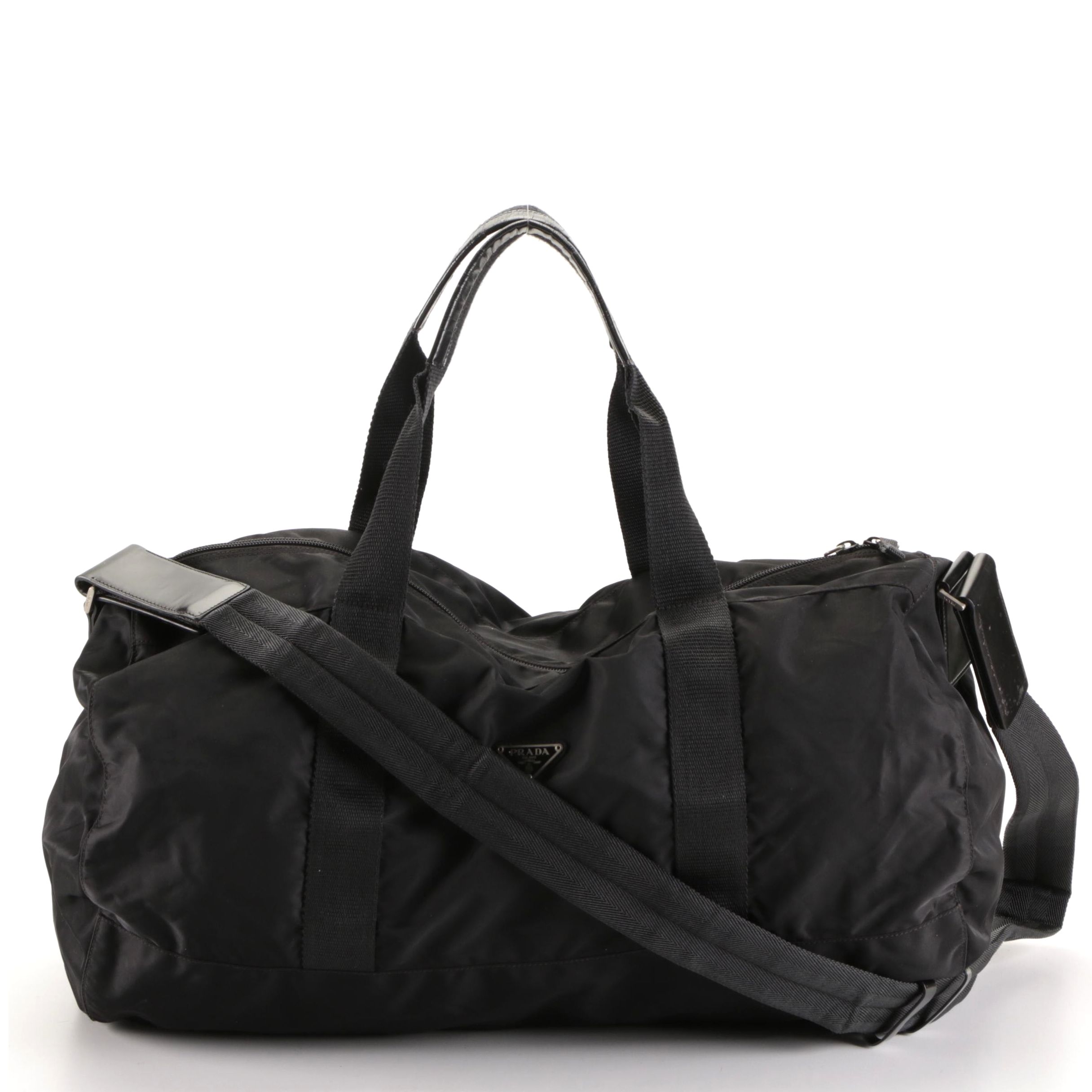 Prada Black Tessuto Nylon Weekender Bag with Leather Trim