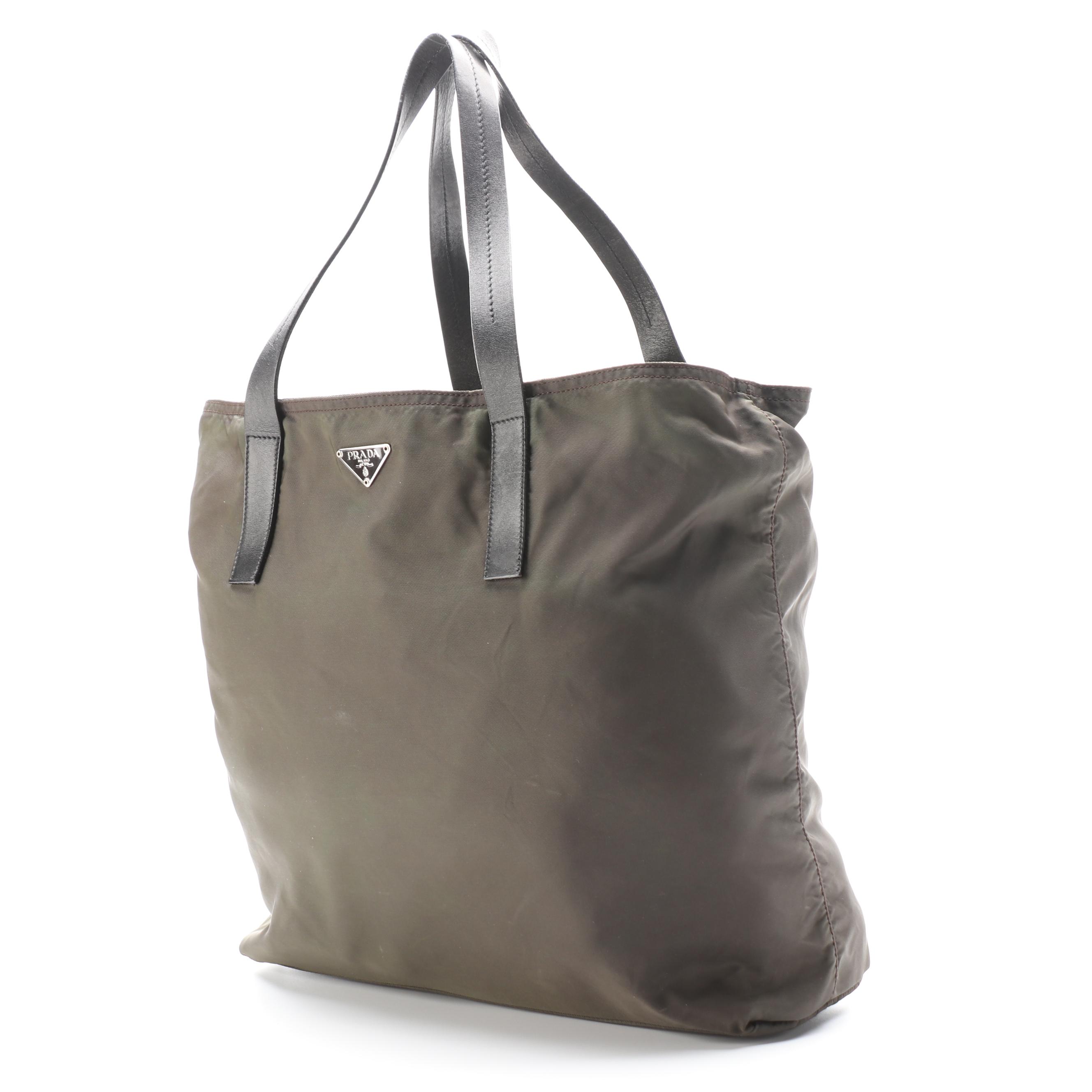 Prada Shoulder Tote in Dark Olive Green Nylon with Black Leather Trim