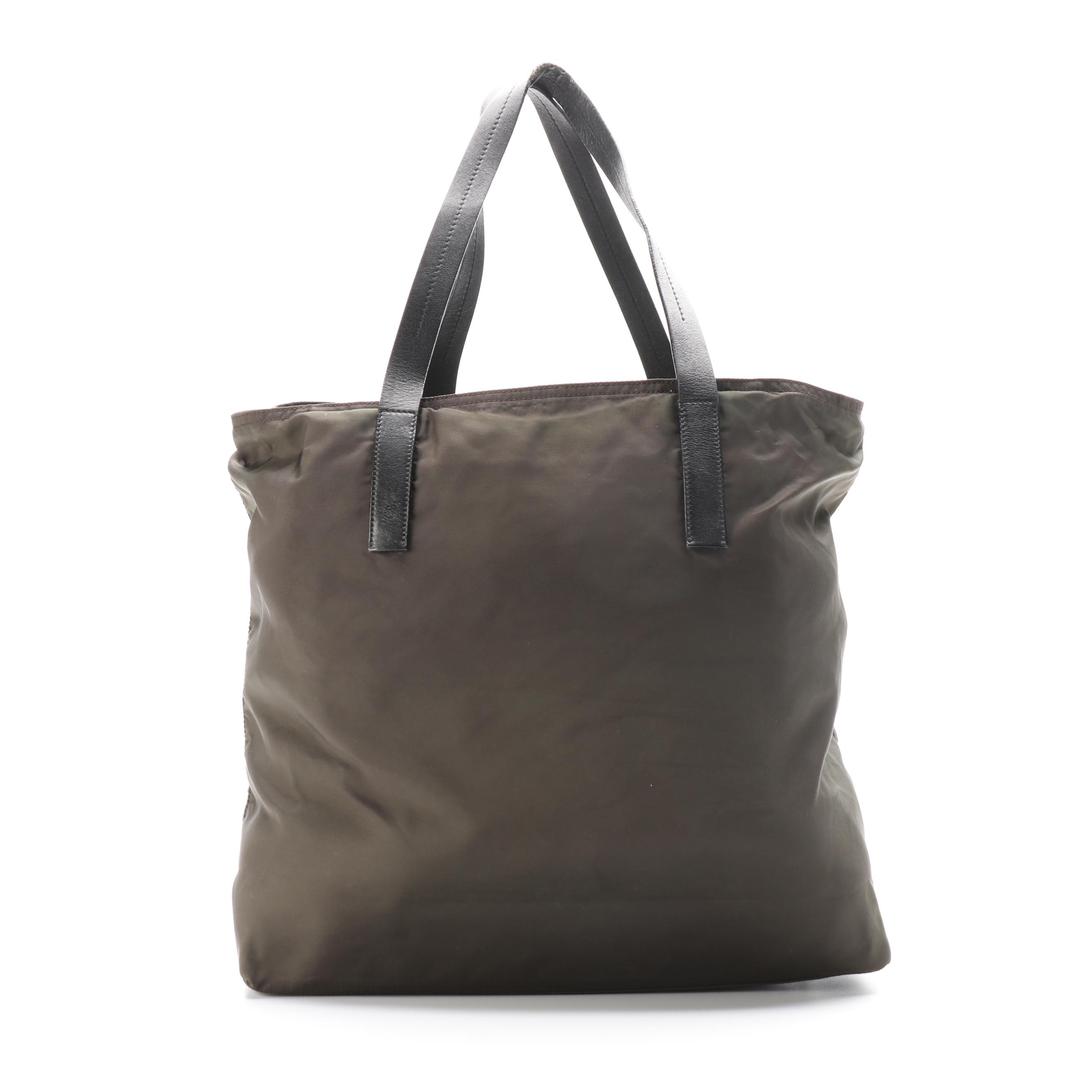 Prada Shoulder Tote in Dark Olive Green Nylon with Black Leather Trim