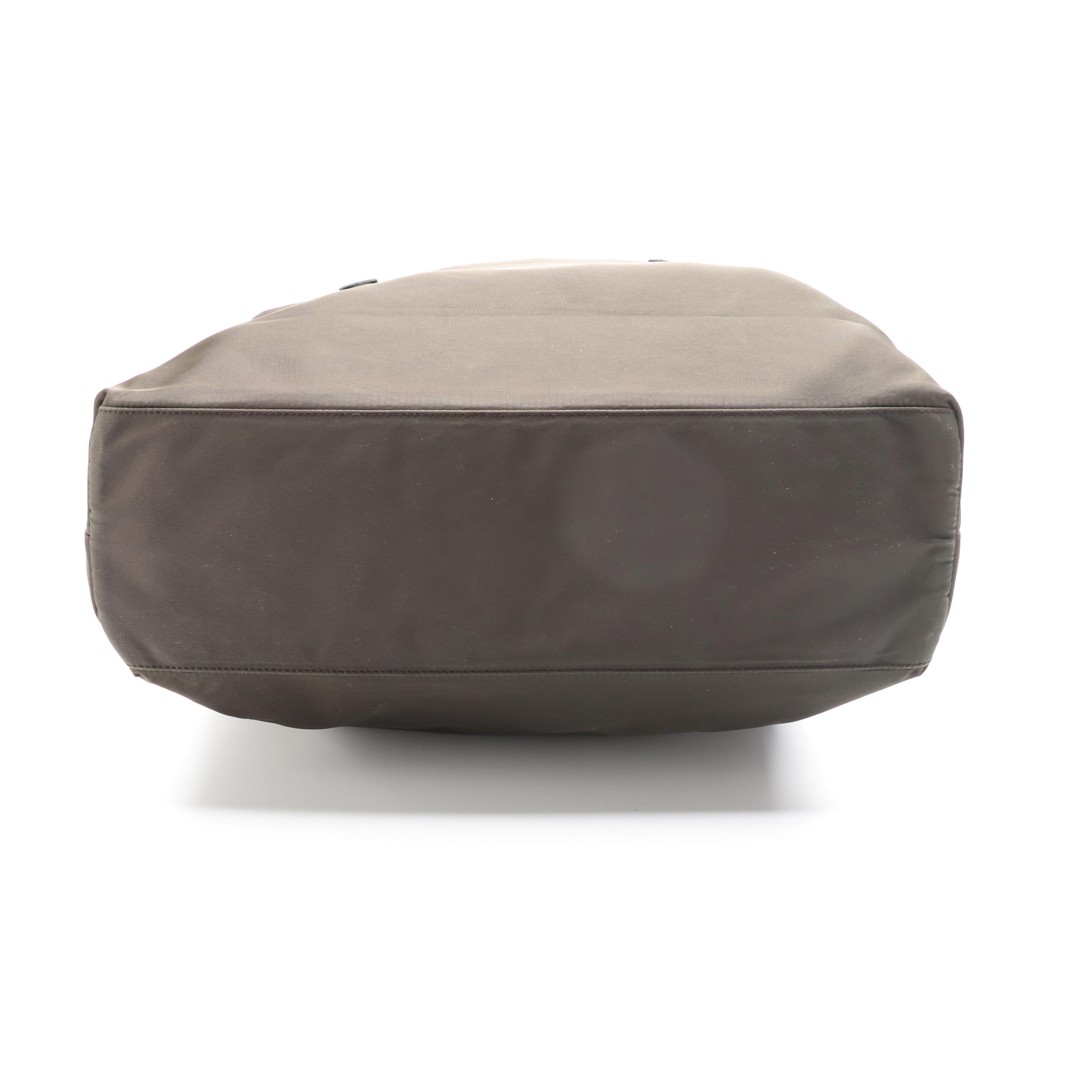 Prada Shoulder Tote in Dark Olive Green Nylon with Black Leather Trim