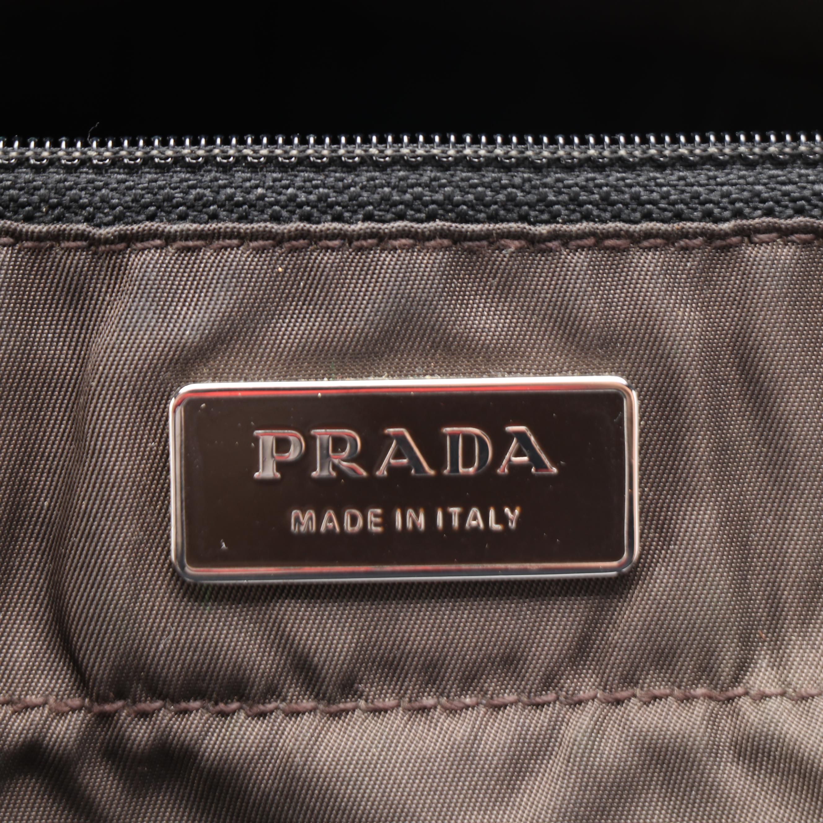 Prada Shoulder Tote in Dark Olive Green Nylon with Black Leather Trim