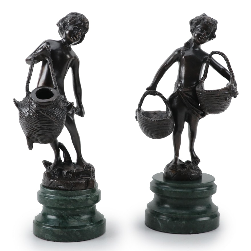 Art Nouveau Style Bronze Boys Carrying Baskets Figurines