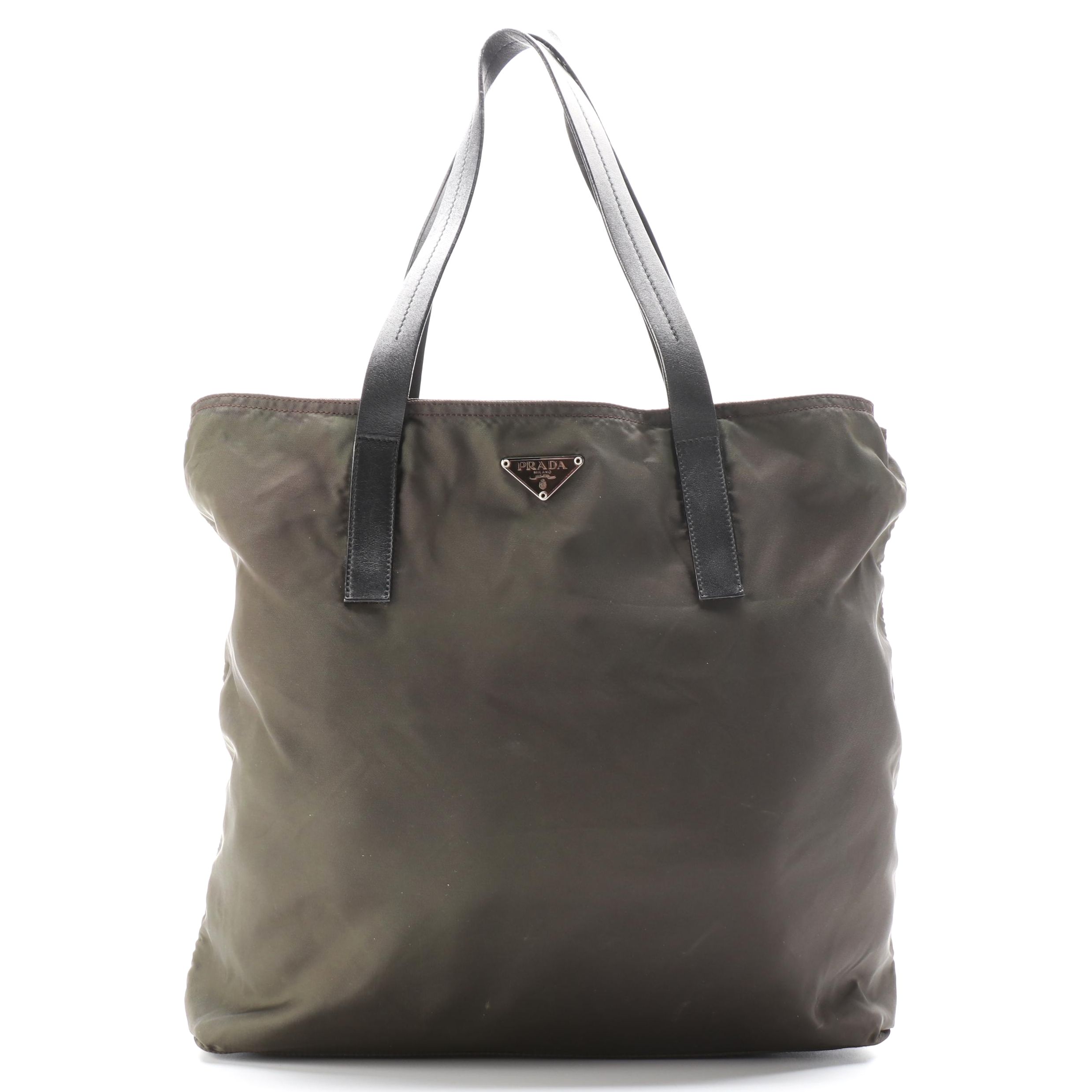 Prada Shoulder Tote in Dark Olive Green Nylon with Black Leather Trim