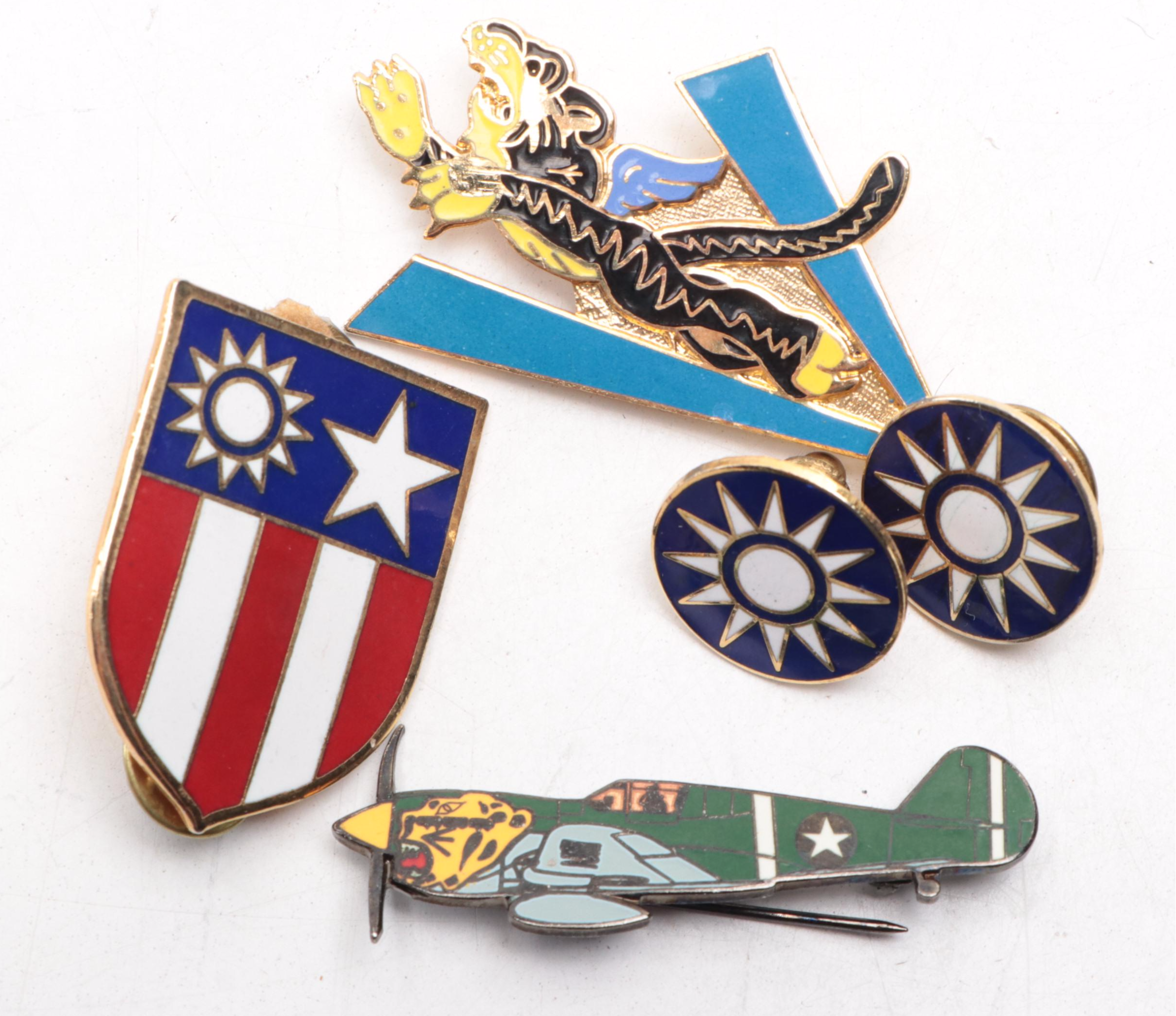 U. S. Military WWII Flying Tigers Patches and Pins with Blood Chit and More