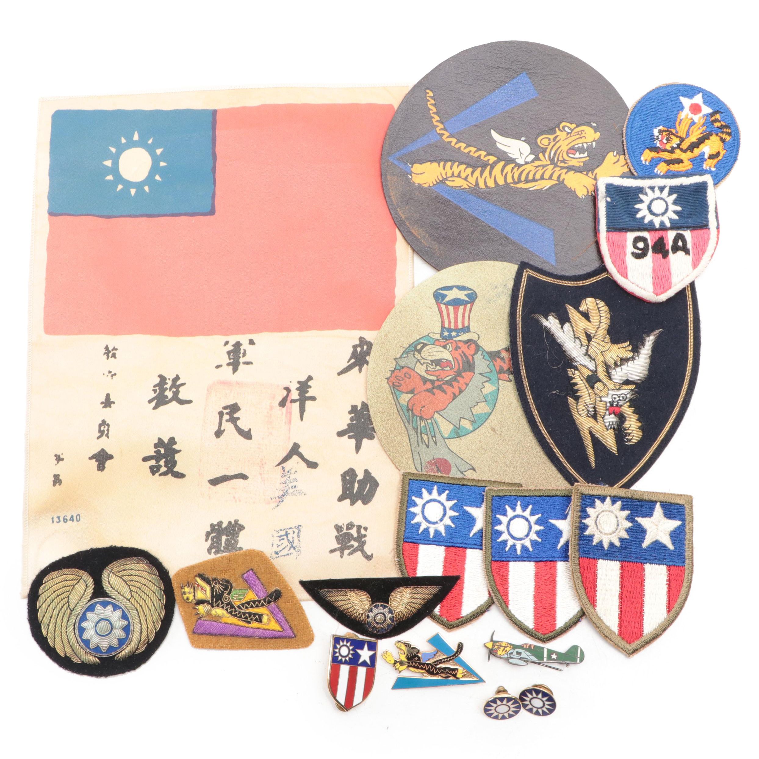 U. S. Military WWII Flying Tigers Patches and Pins with Blood Chit and More