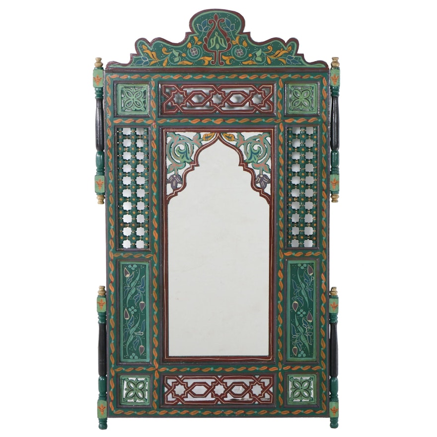 Moroccan Style Polychrome Wood Framed Arched Wall Mirror