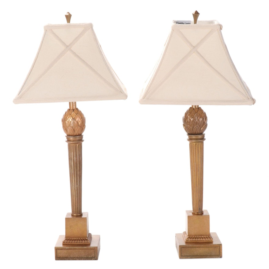 Pair of Neoclassical Style Gold Painted Metal Torch Column Table Lamps