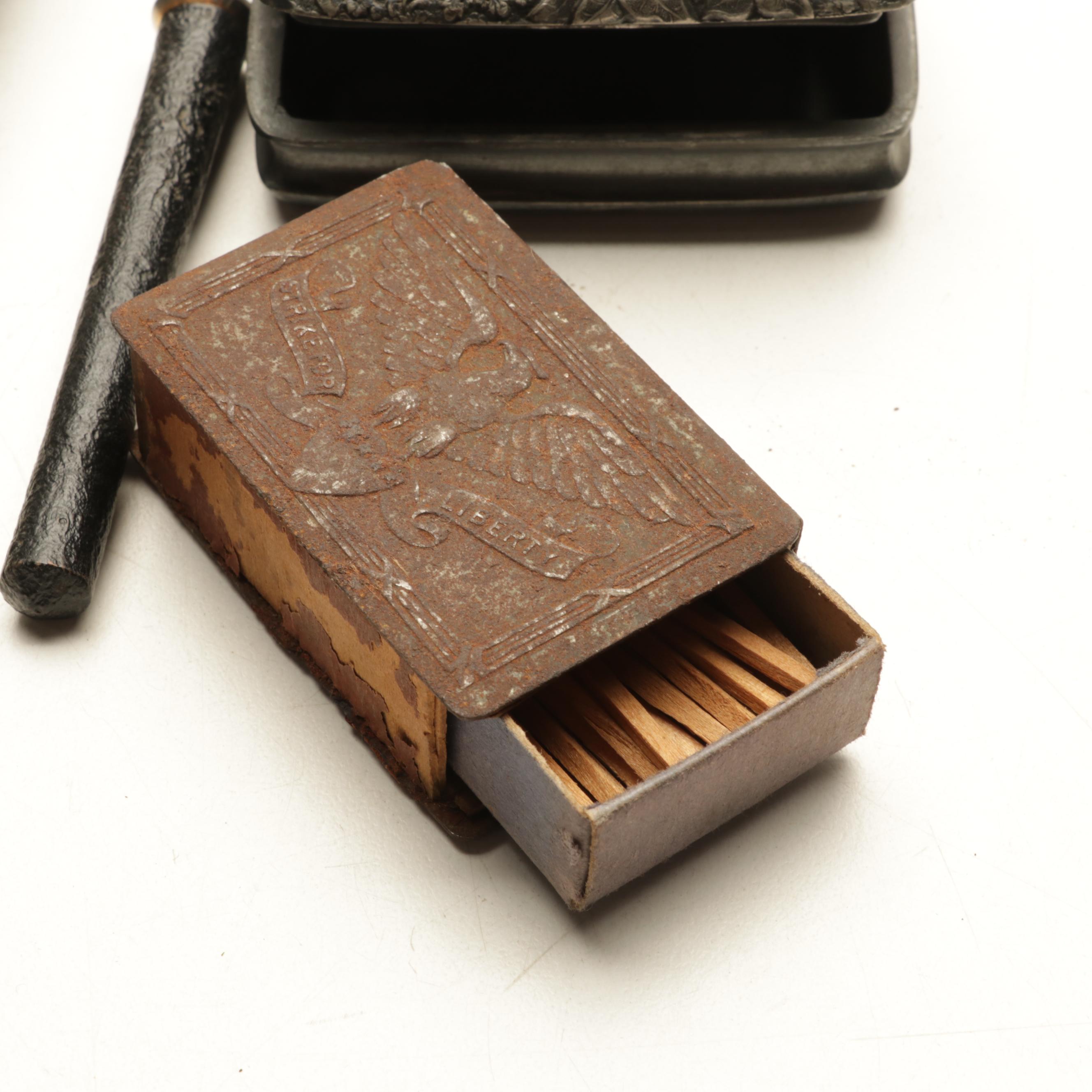 Reed & Barton Pheasant Snuff Box With Ronson Lighter, Gunpowder Flask and Pipe