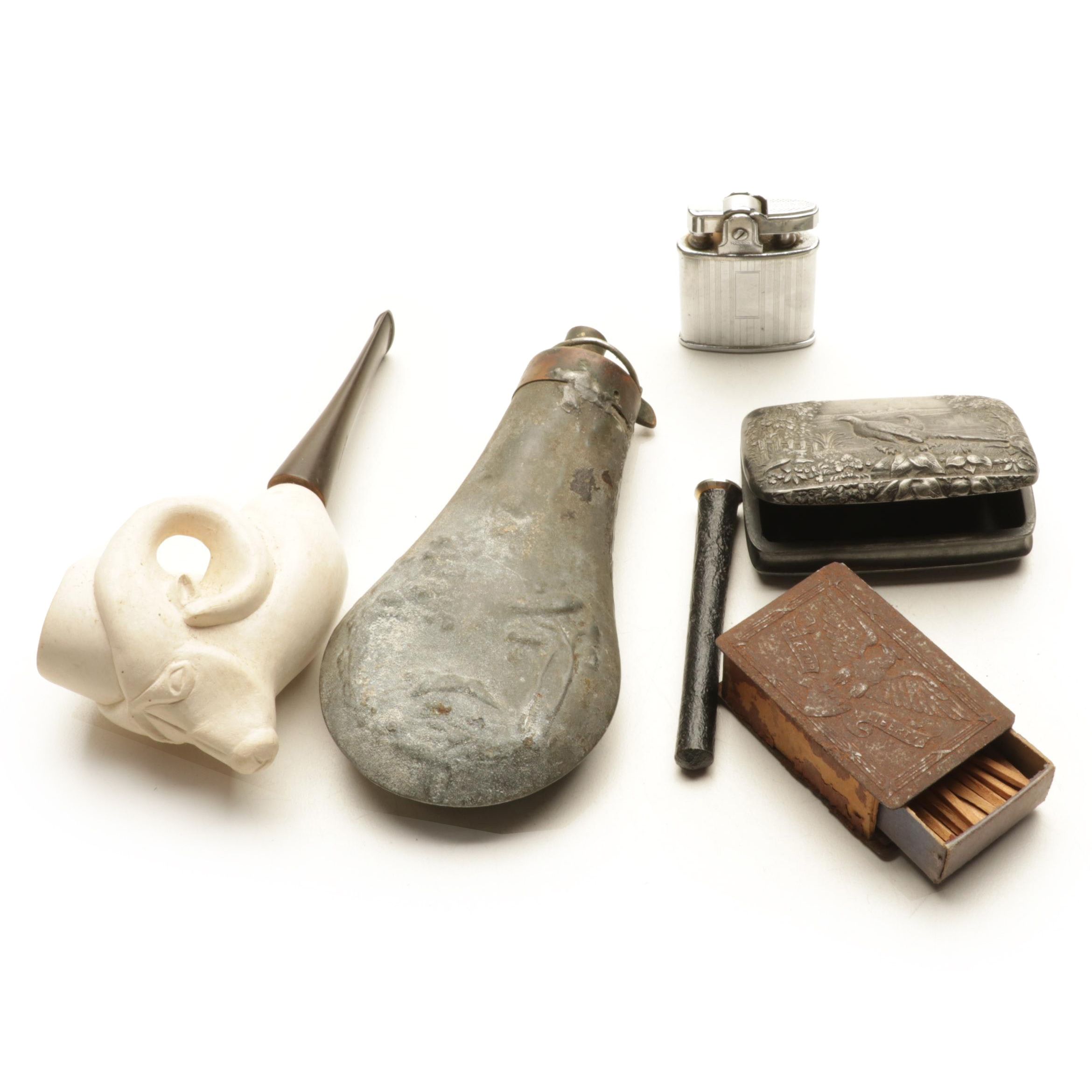 Reed & Barton Pheasant Snuff Box With Ronson Lighter, Gunpowder Flask and Pipe