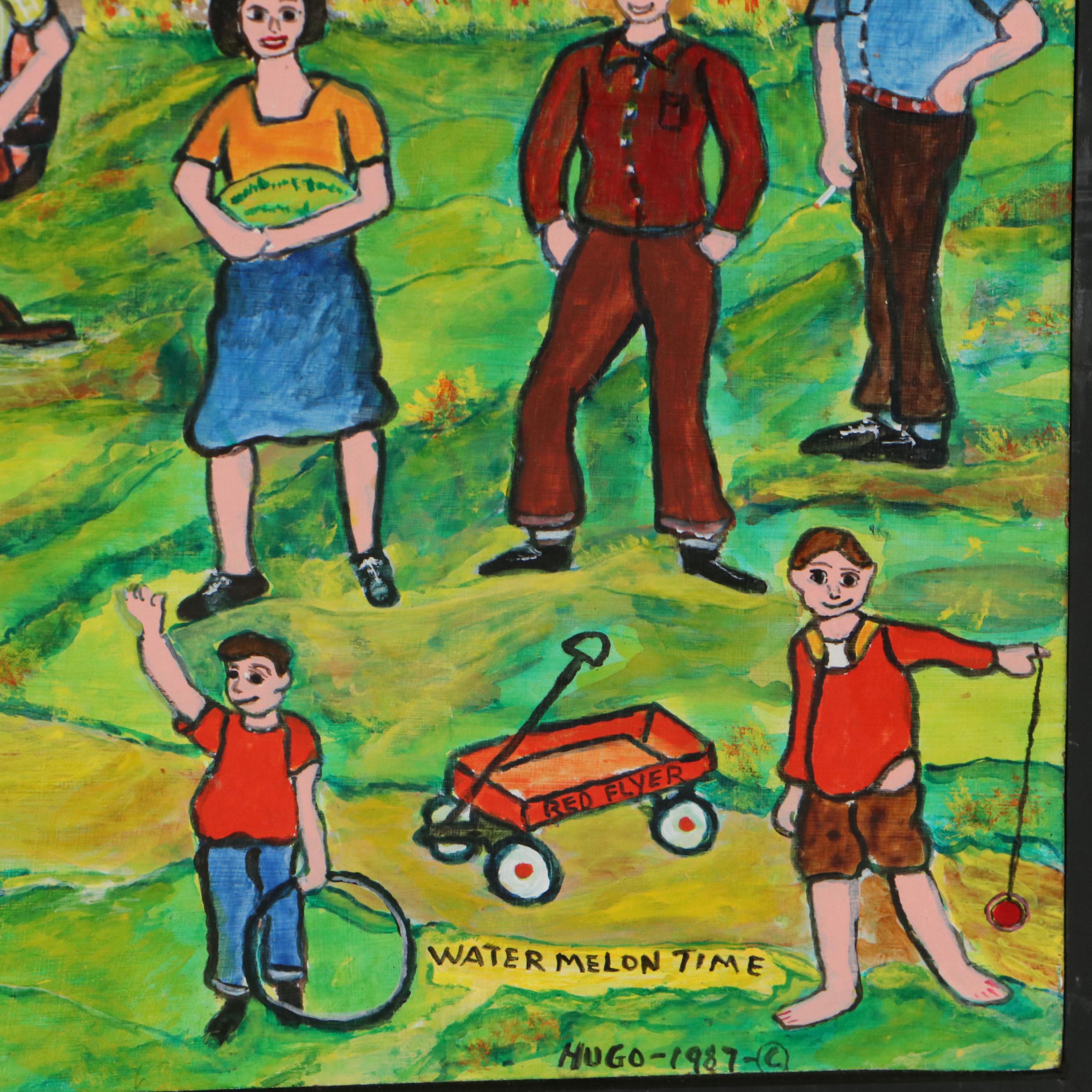 Hugo Sperger Folk Art Oil Painting "Watermelon Time," 1987