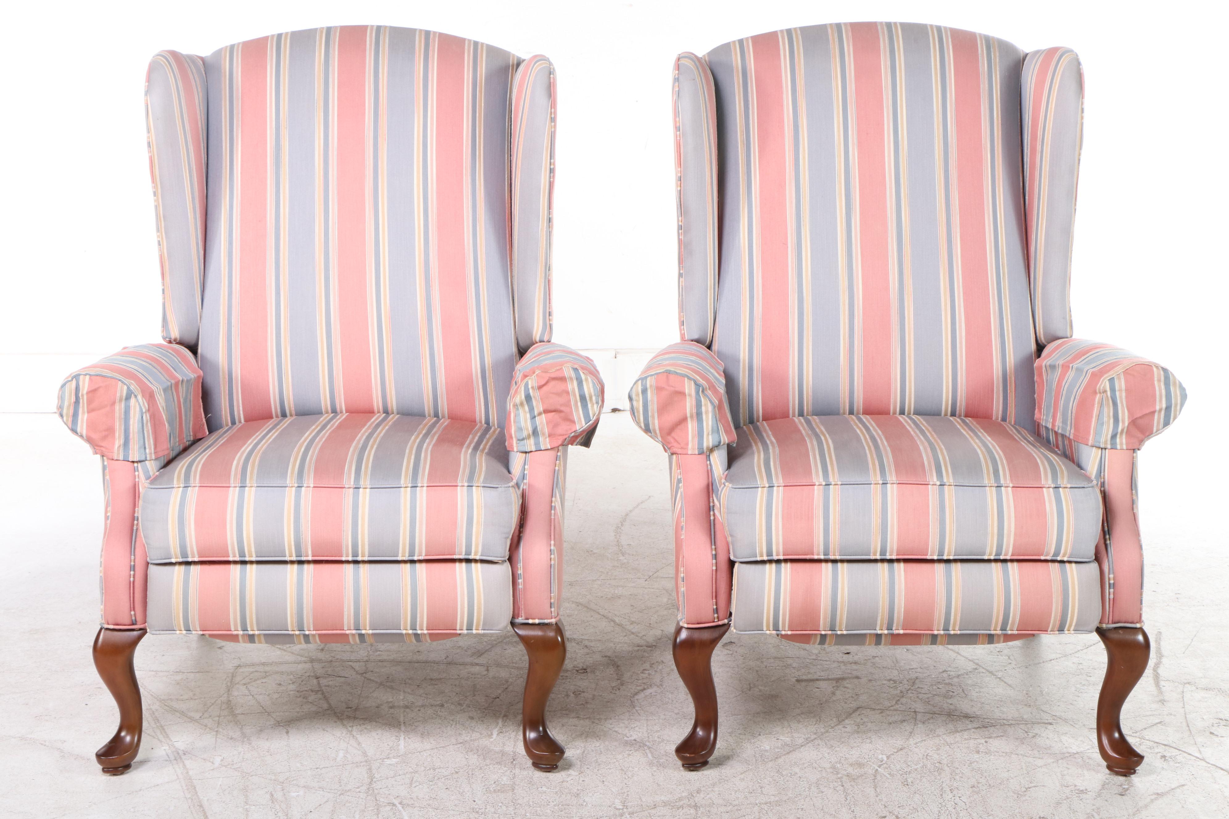 Pair of Burris Industries Queen Anne Style Custom-Upholstered Wingback Recliners