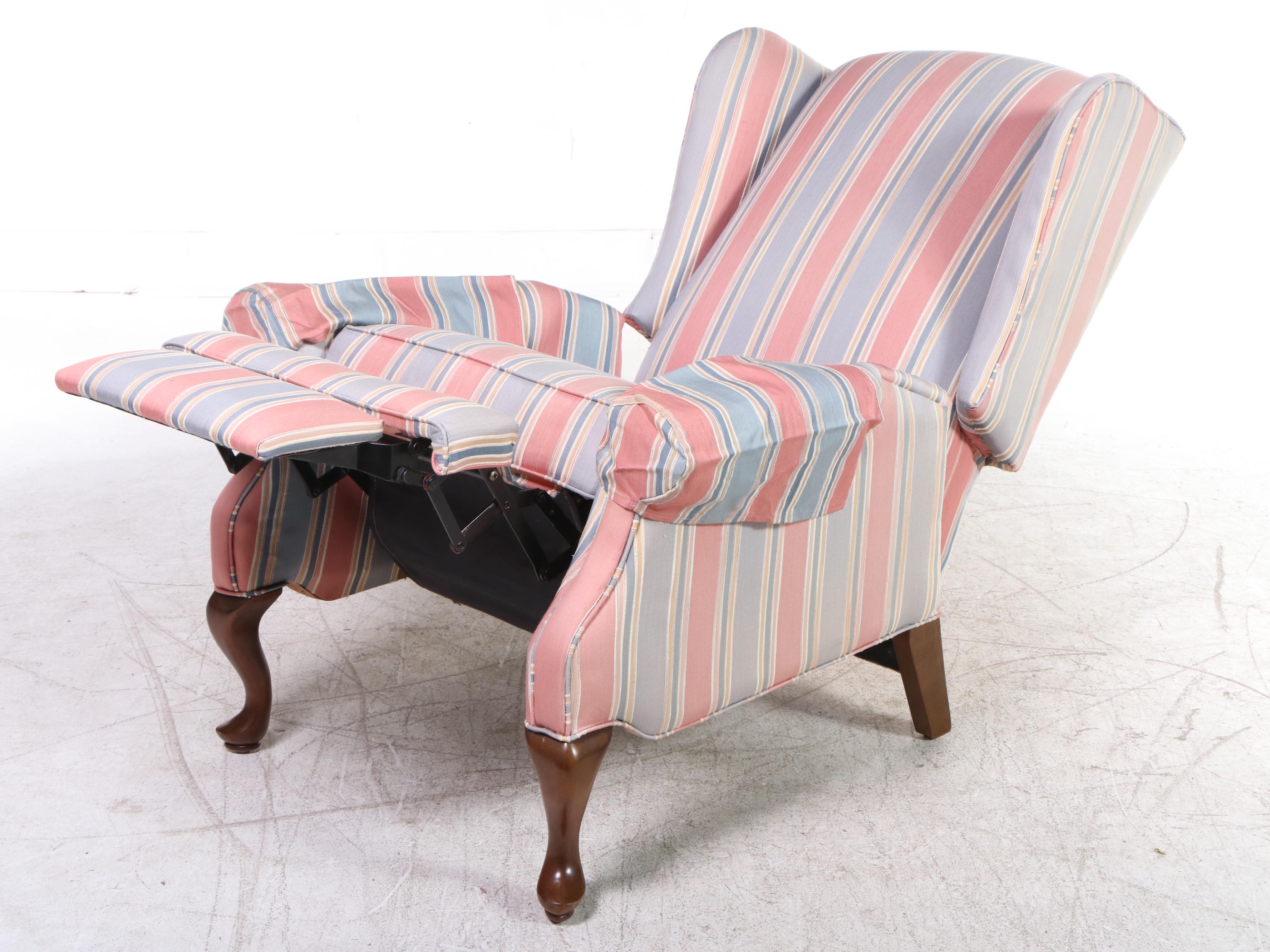 Pair of Burris Industries Queen Anne Style Custom-Upholstered Wingback Recliners