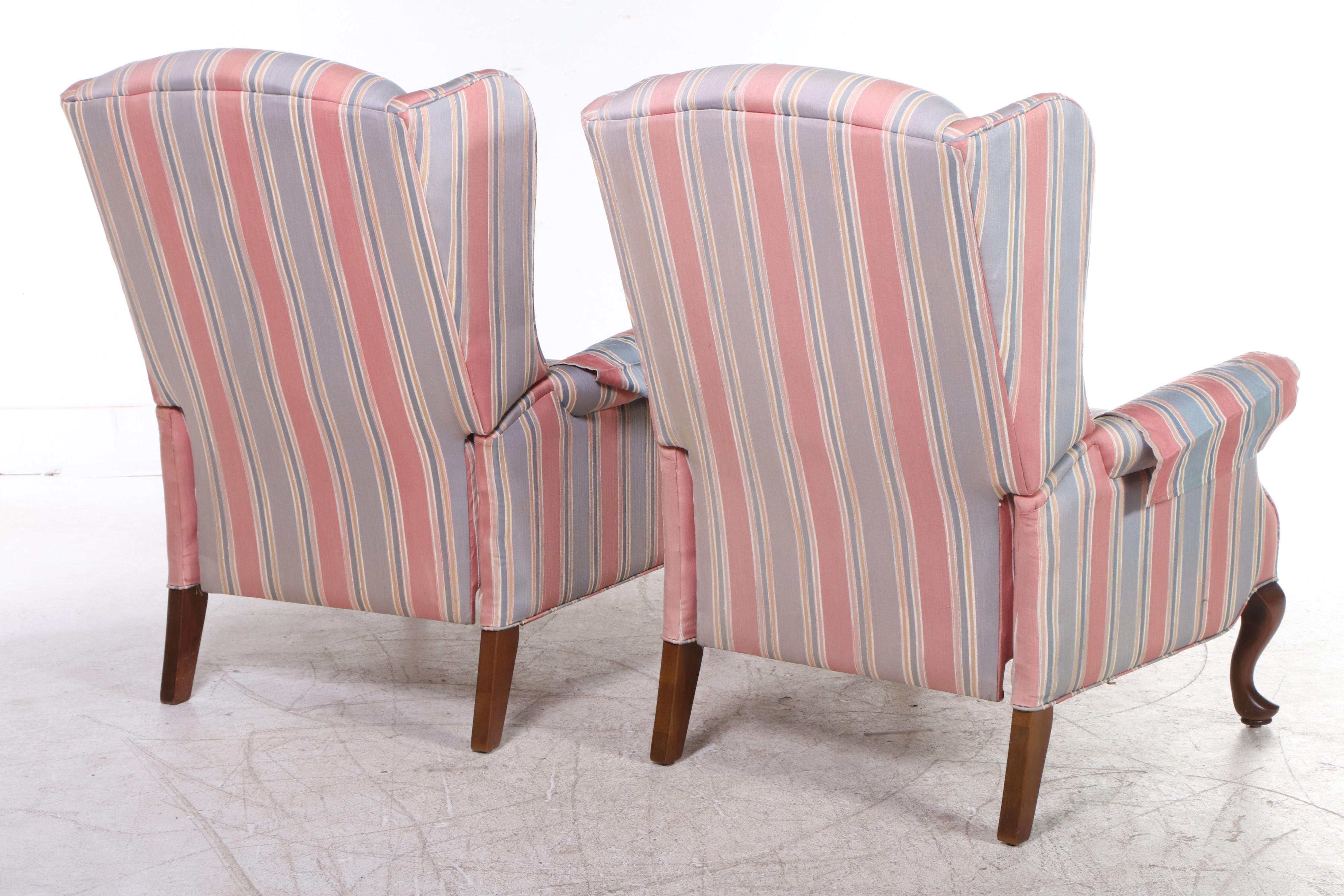 Pair of Burris Industries Queen Anne Style Custom-Upholstered Wingback Recliners