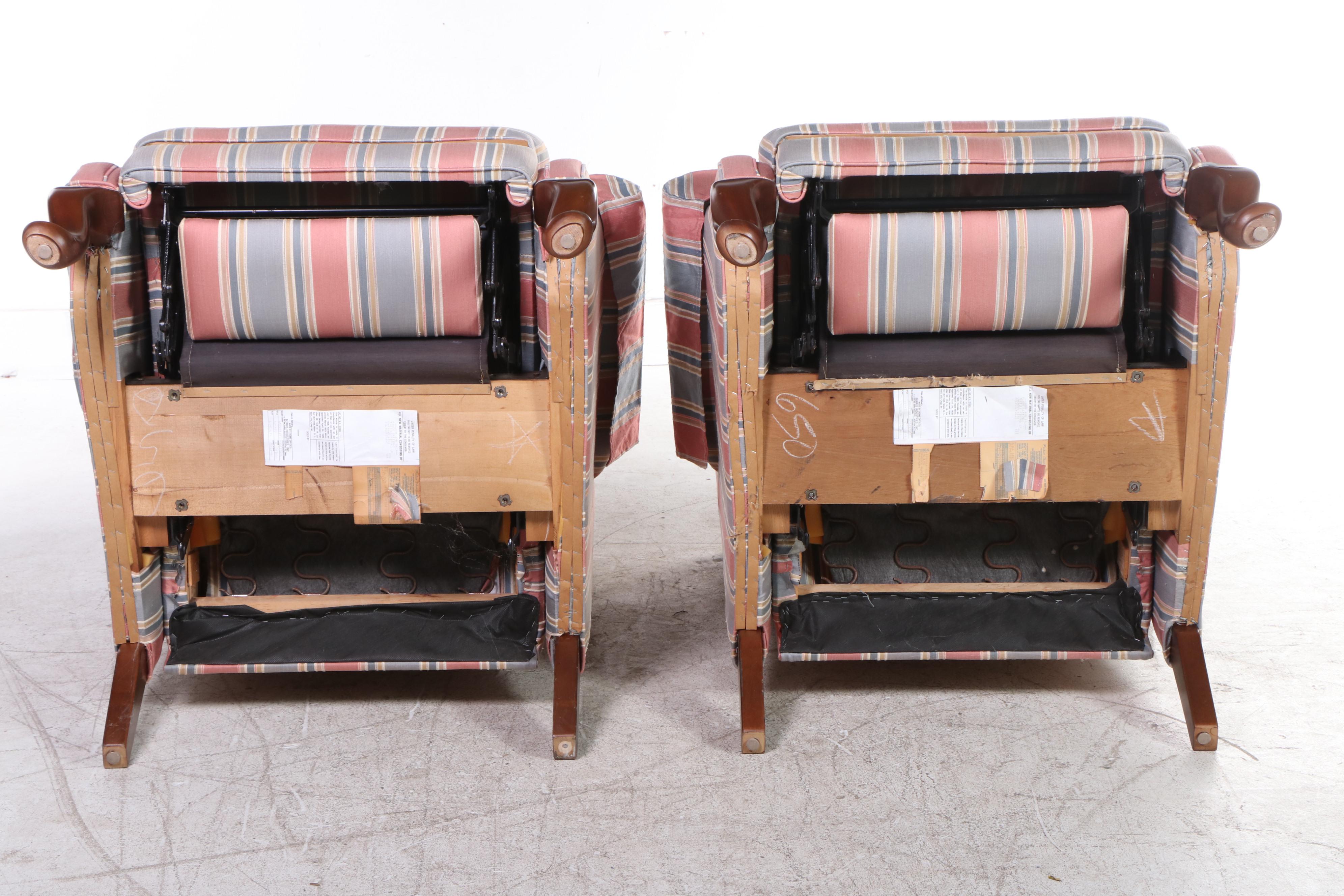 Pair of Burris Industries Queen Anne Style Custom-Upholstered Wingback Recliners