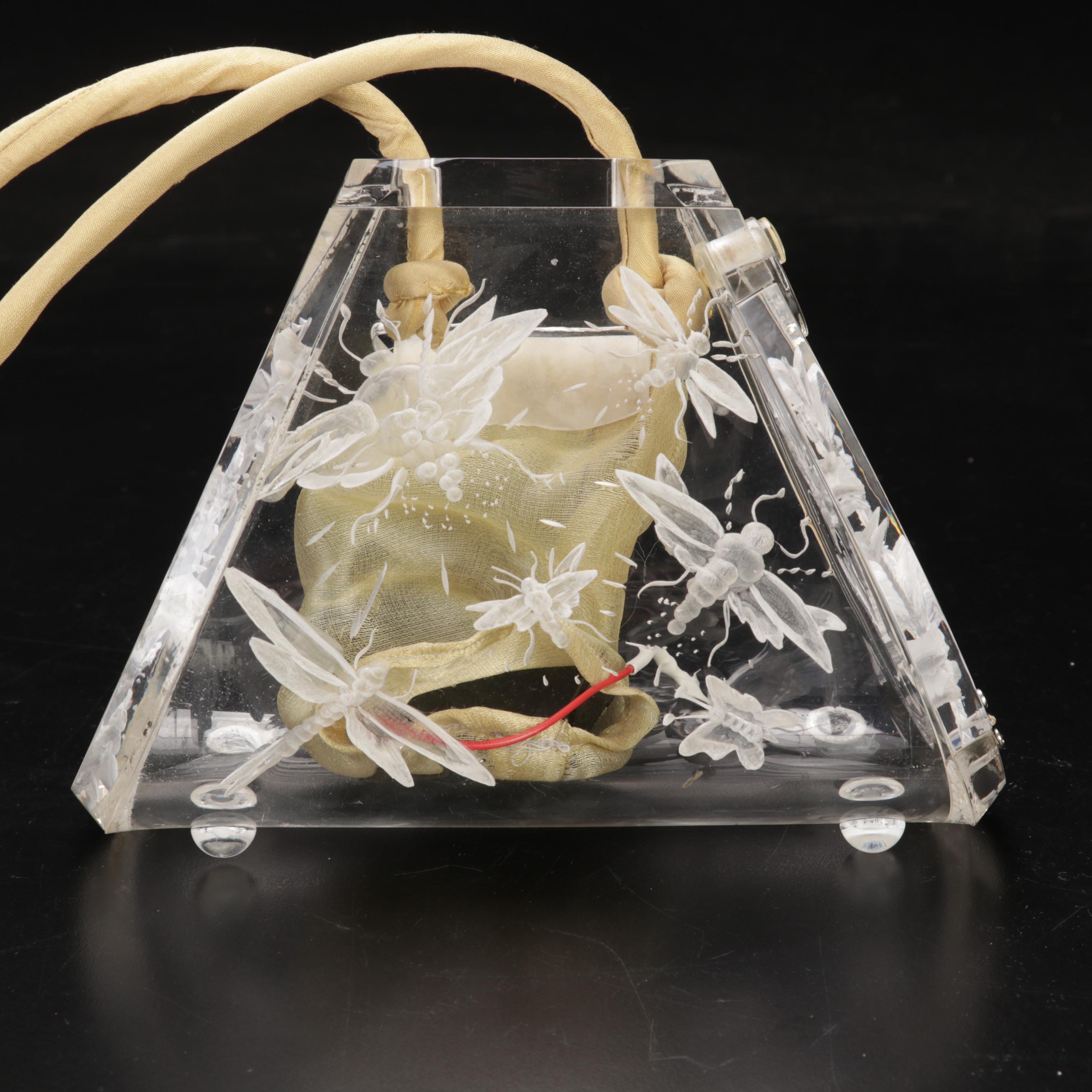 Carved Lucite Crossbody with Insect Motifs and Battery Powered Interior