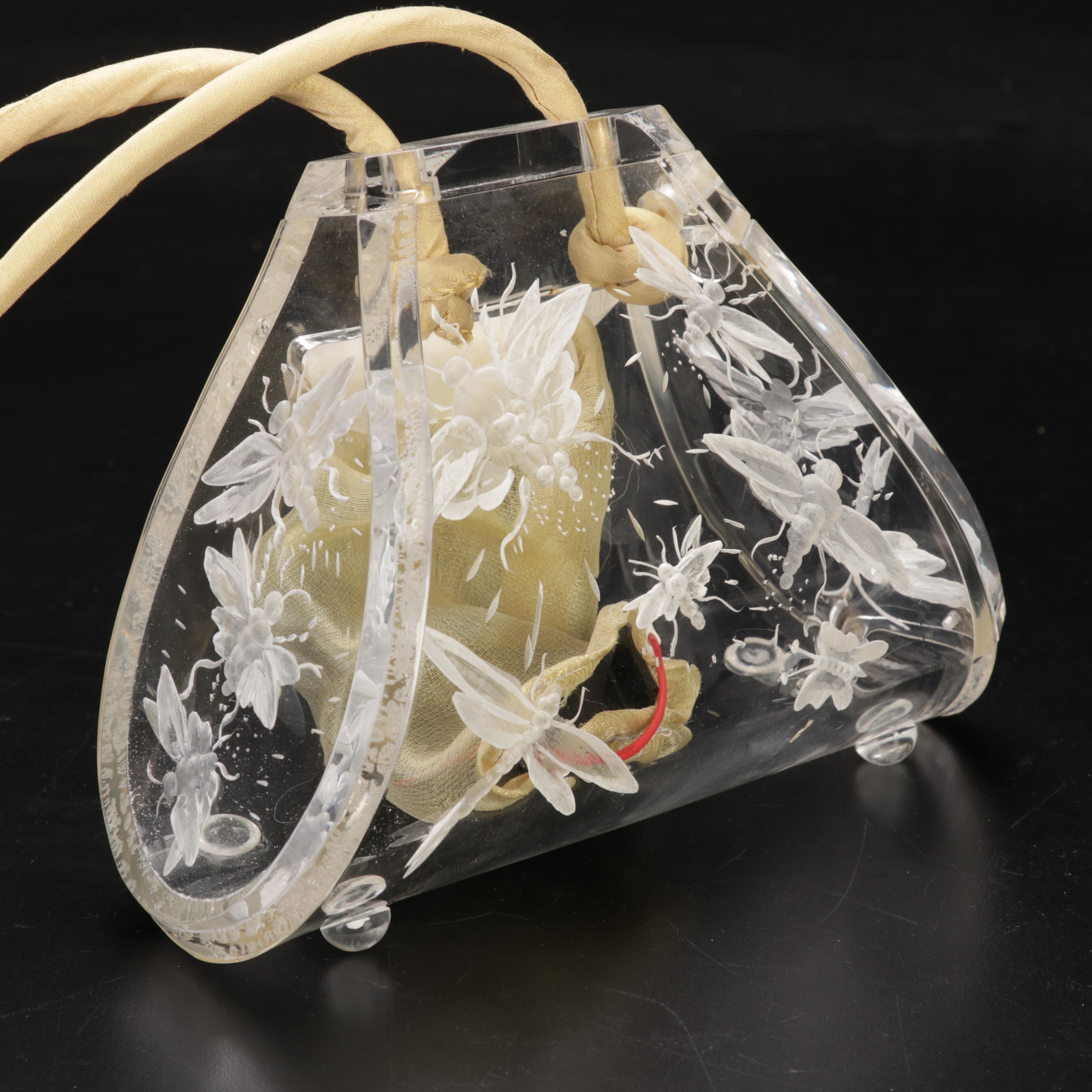 Carved Lucite Crossbody with Insect Motifs and Battery Powered Interior