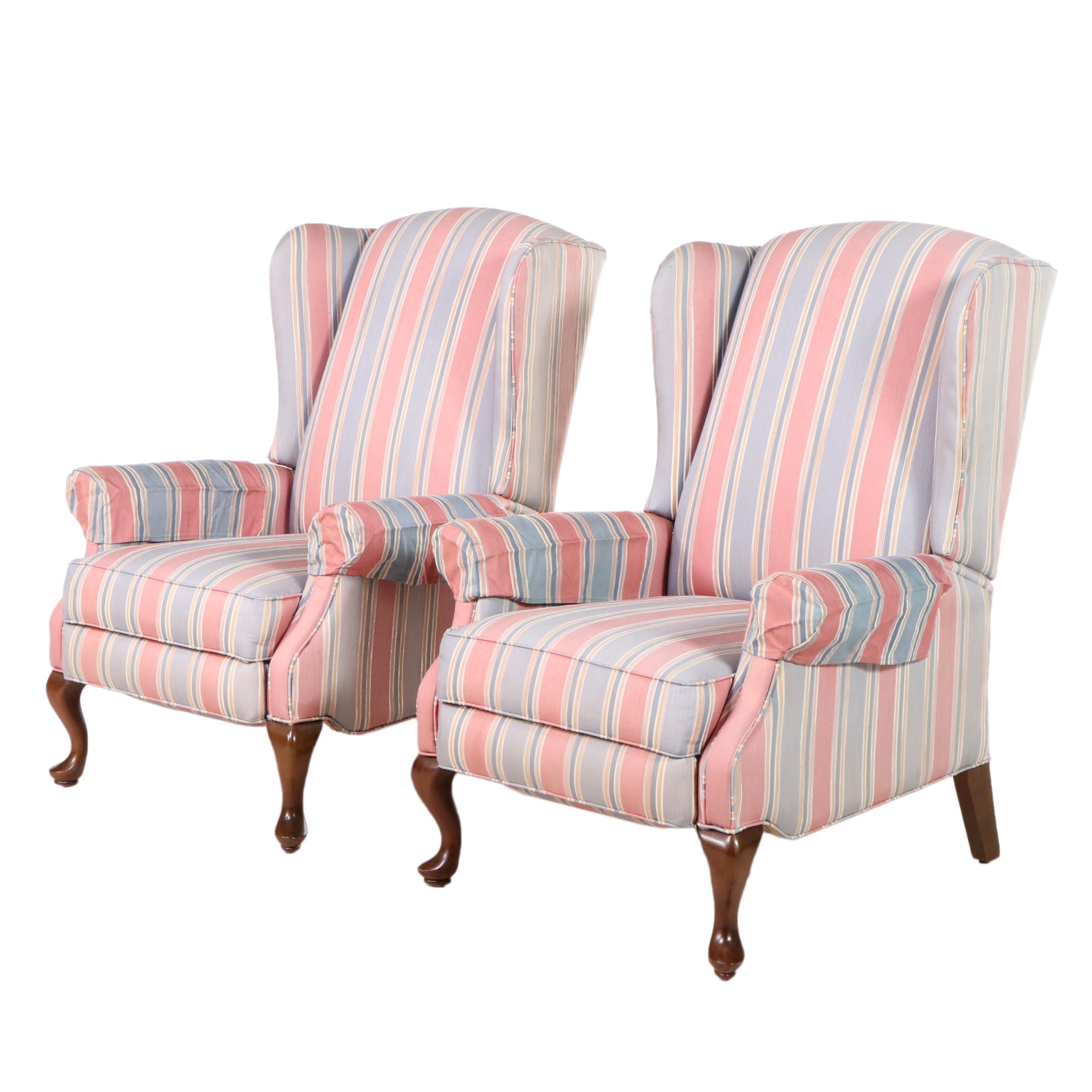 Pair of Burris Industries Queen Anne Style Custom-Upholstered Wingback Recliners