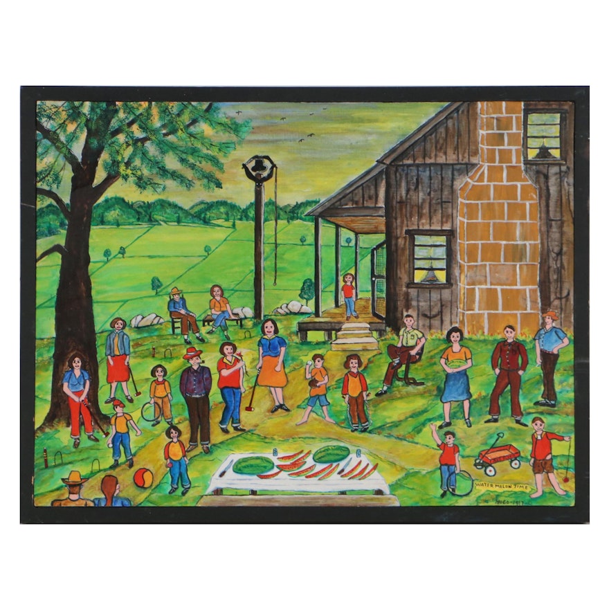 Hugo Sperger Folk Art Oil Painting "Watermelon Time," 1987