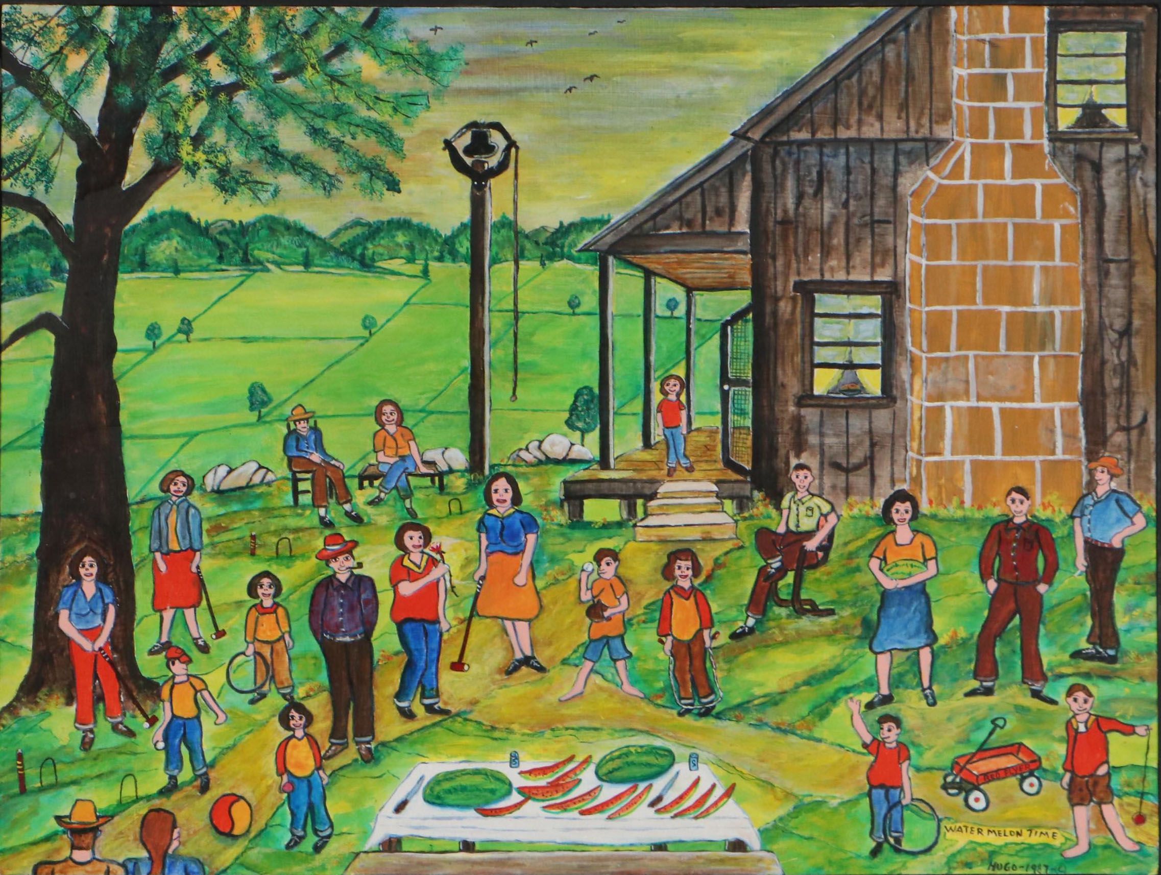 Hugo Sperger Folk Art Oil Painting "Watermelon Time," 1987