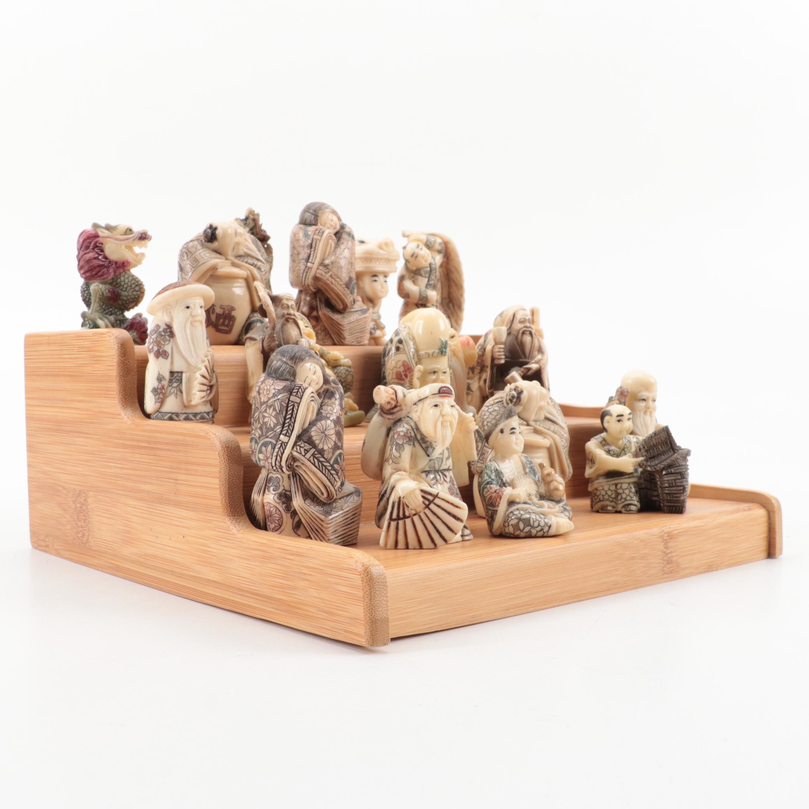 Japanese Hand-Carved Bone and Resin Figural Netsuke with Stand