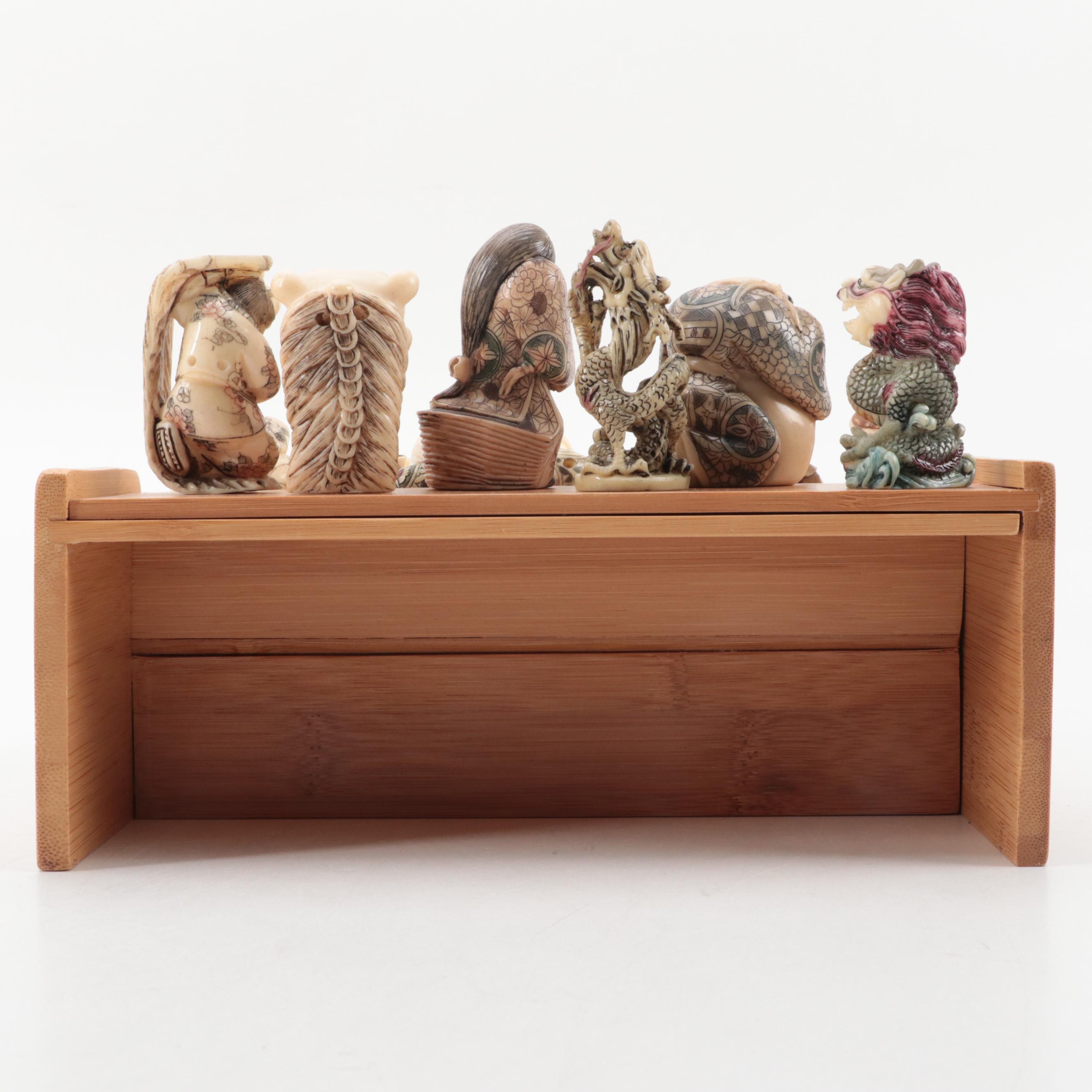 Japanese Hand-Carved Bone and Resin Figural Netsuke with Stand