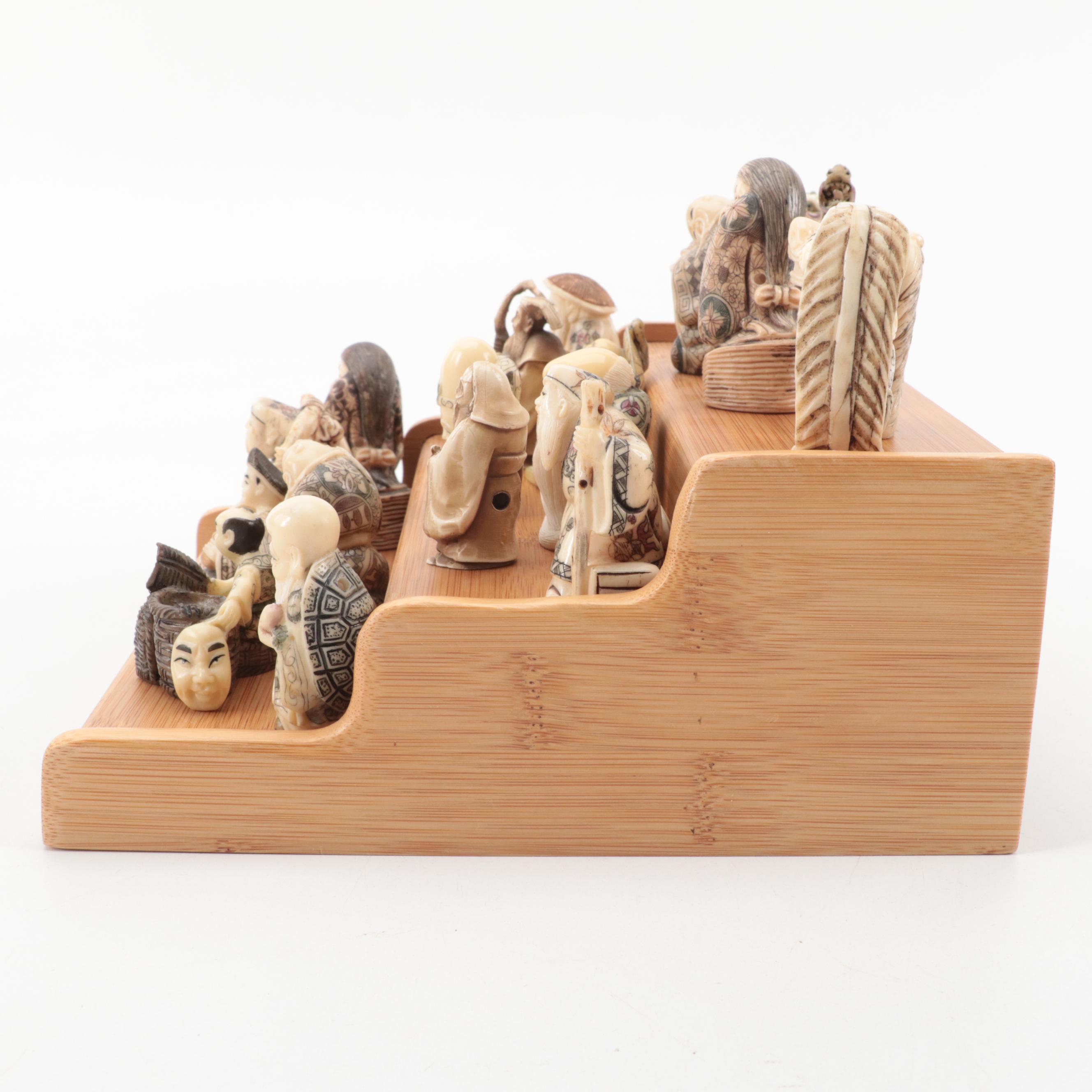 Japanese Hand-Carved Bone and Resin Figural Netsuke with Stand