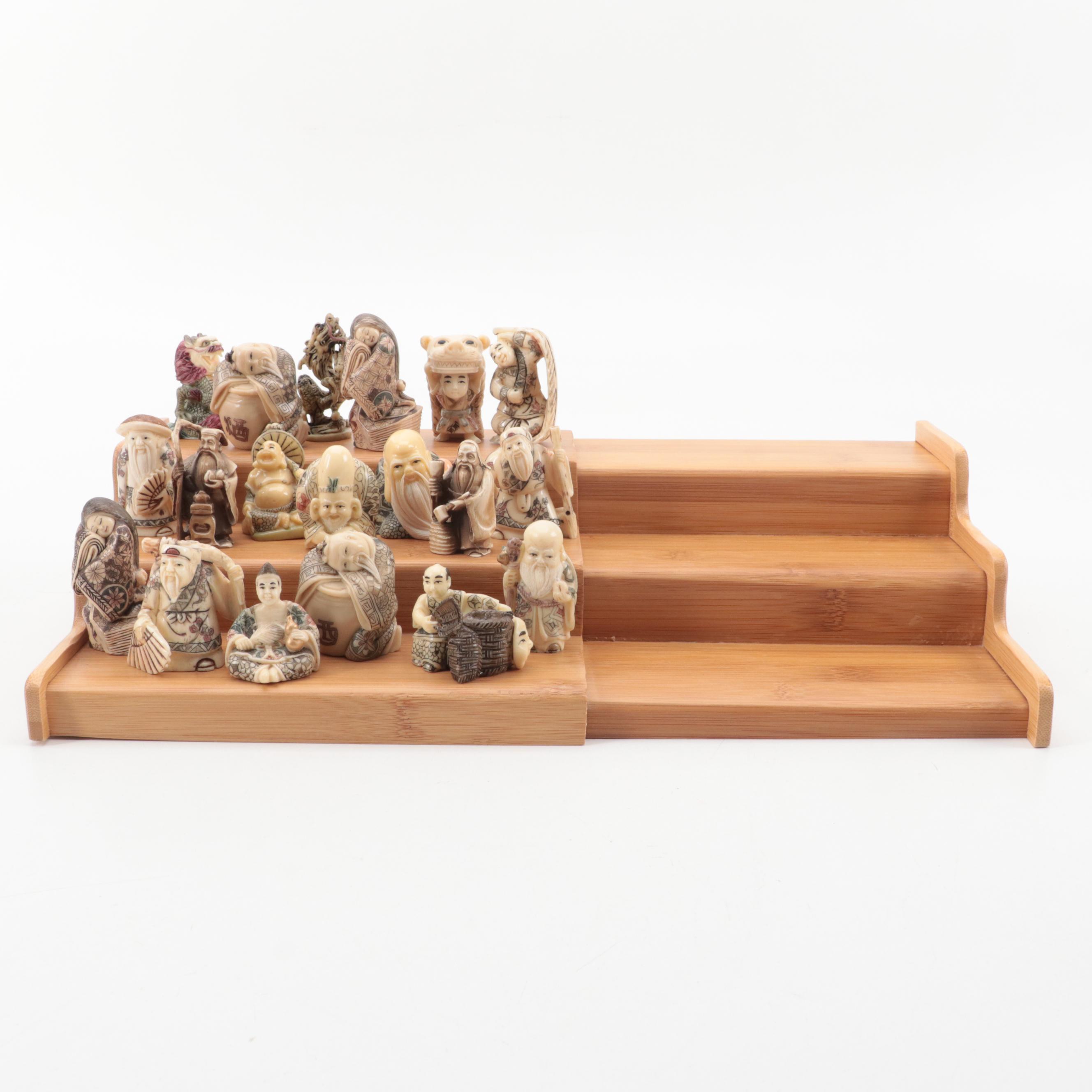 Japanese Hand-Carved Bone and Resin Figural Netsuke with Stand