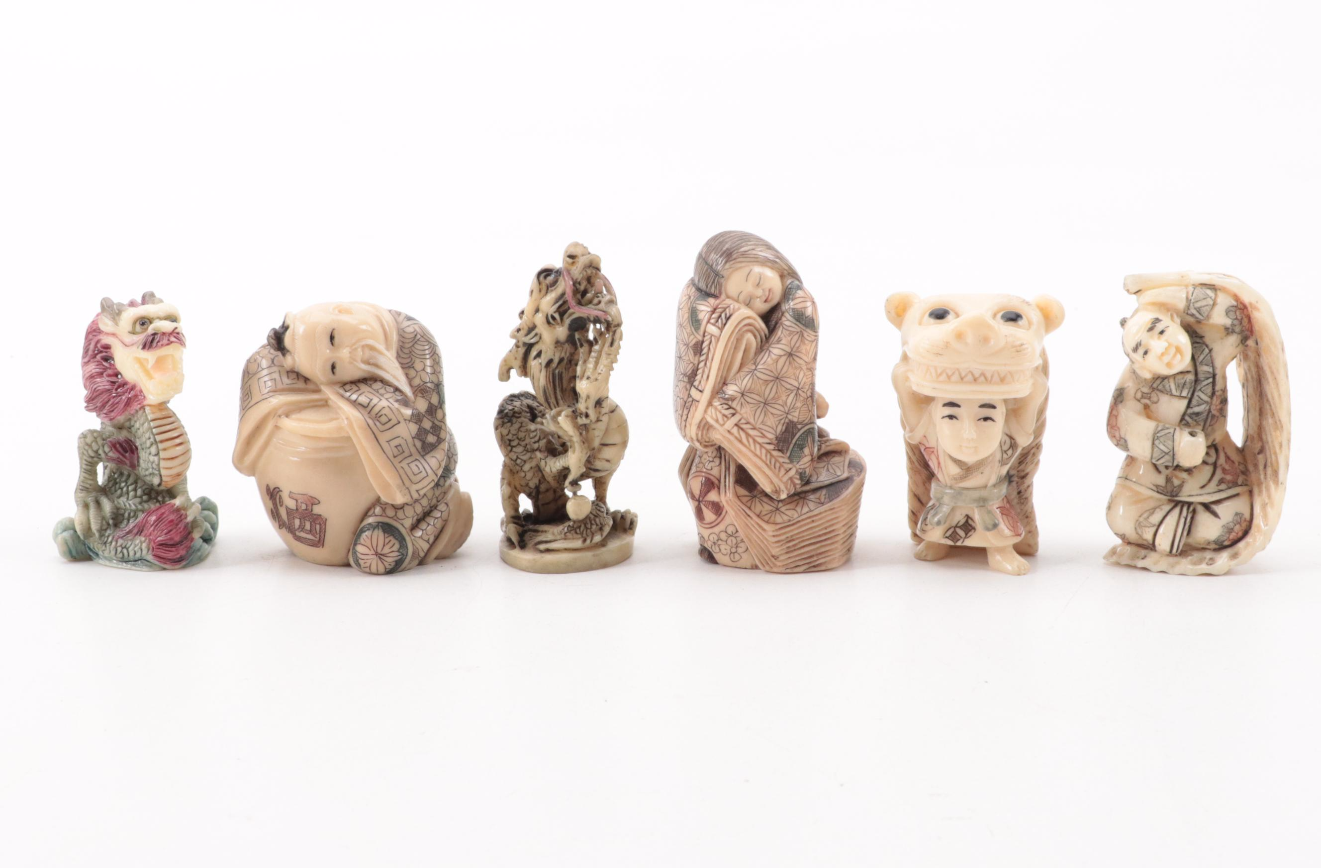 Japanese Hand-Carved Bone and Resin Figural Netsuke with Stand