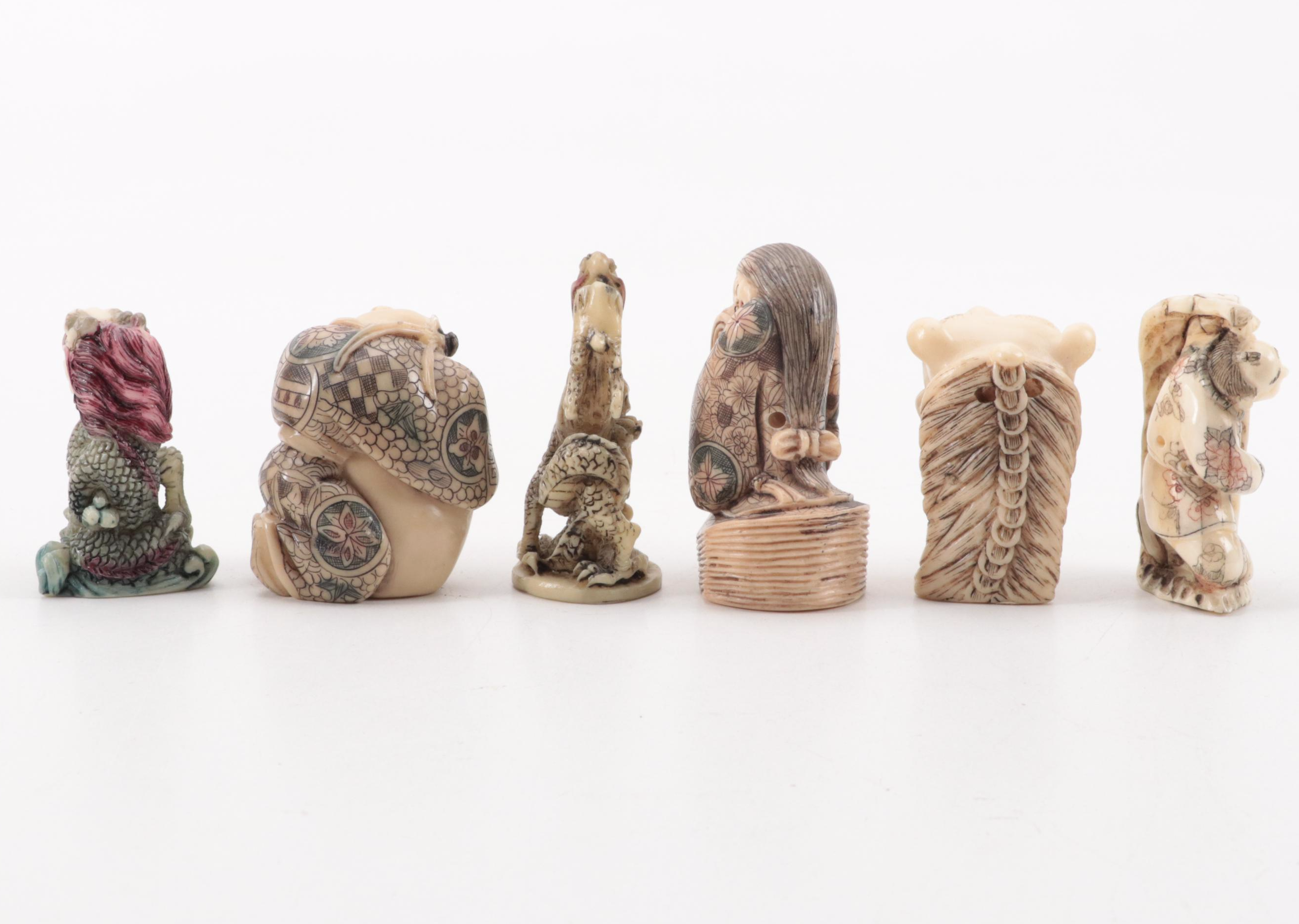 Japanese Hand-Carved Bone and Resin Figural Netsuke with Stand