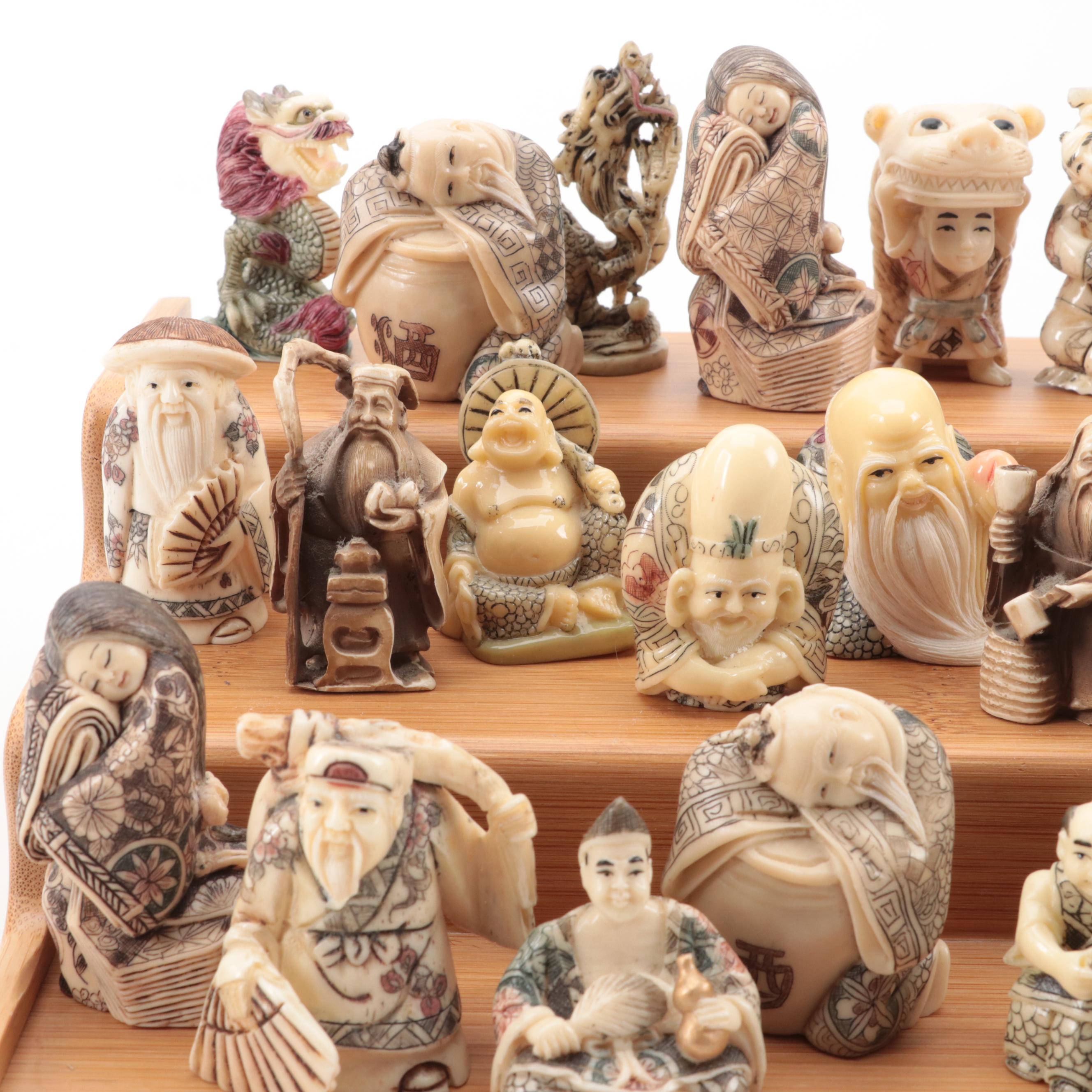 Japanese Hand-Carved Bone and Resin Figural Netsuke with Stand