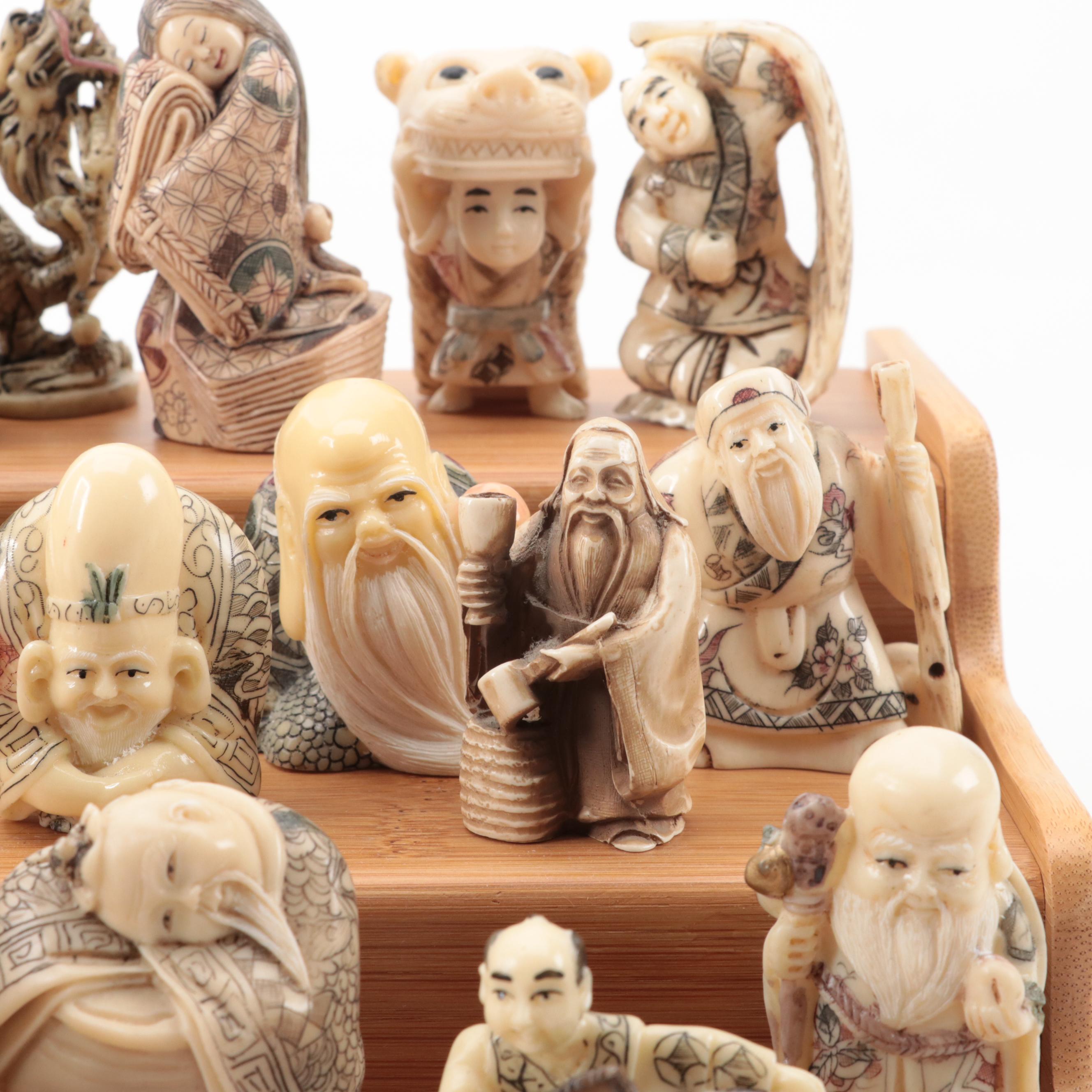 Japanese Hand-Carved Bone and Resin Figural Netsuke with Stand