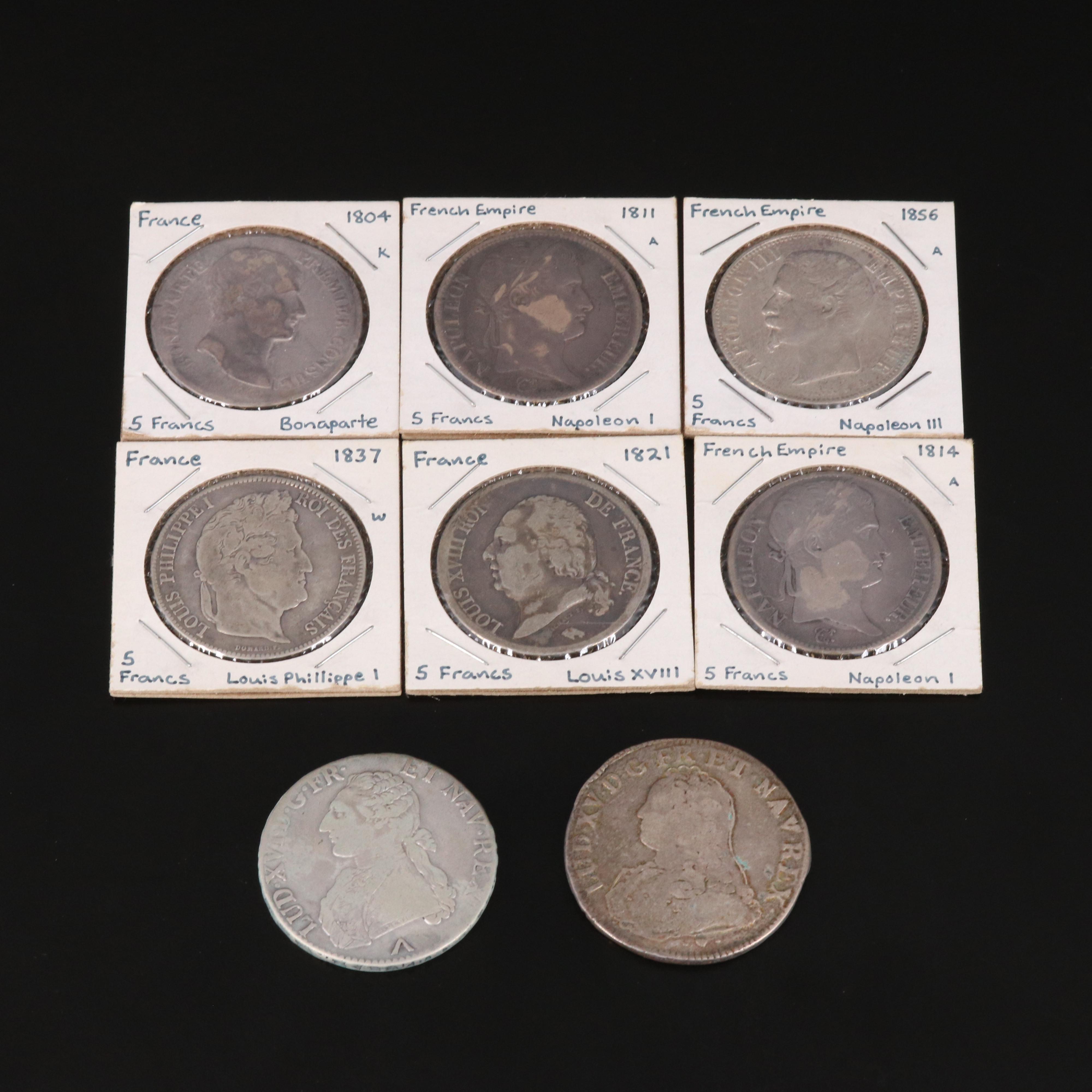 Collection of Eight Different Types of Silver French 5 Francs Coins