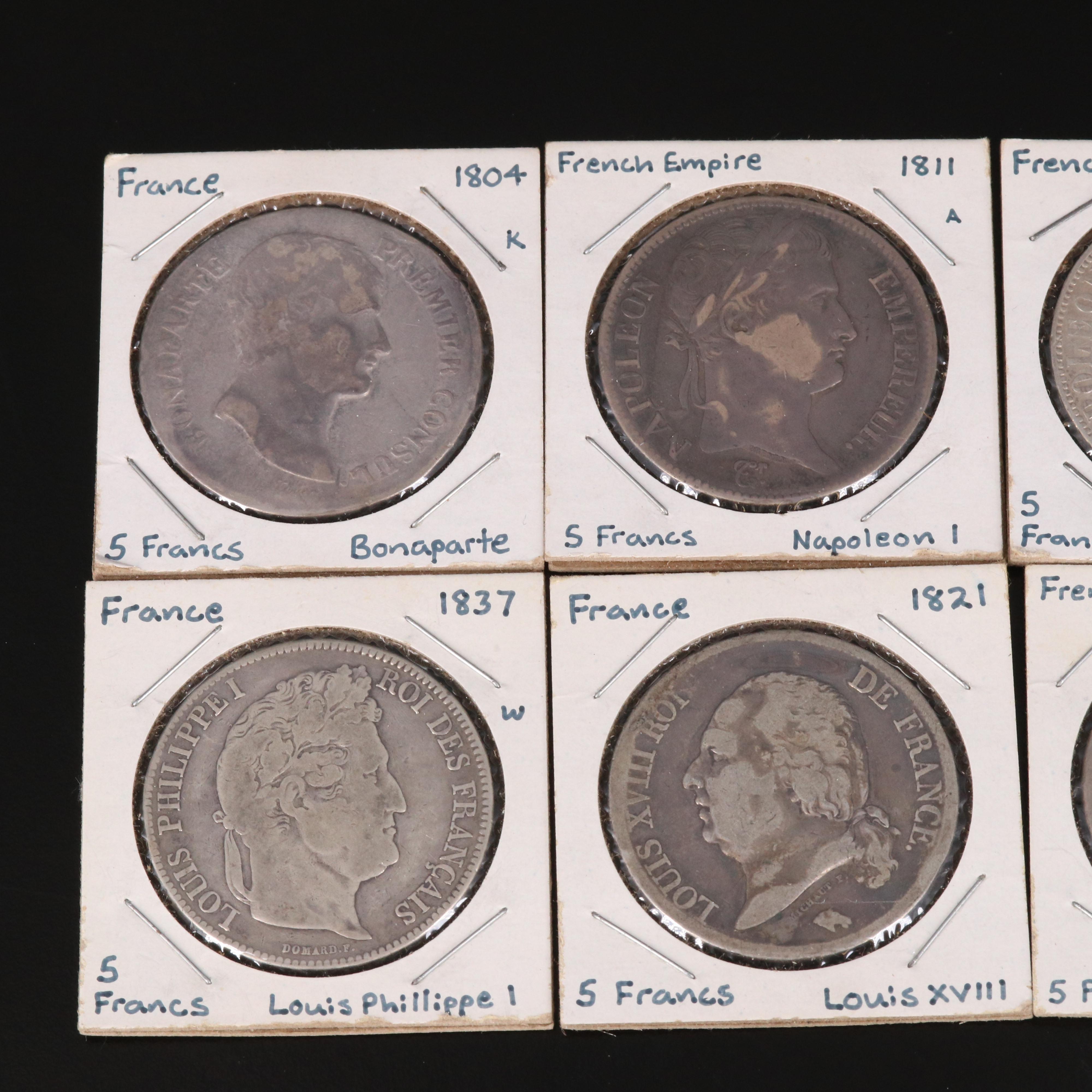 Collection of Eight Different Types of Silver French 5 Francs Coins