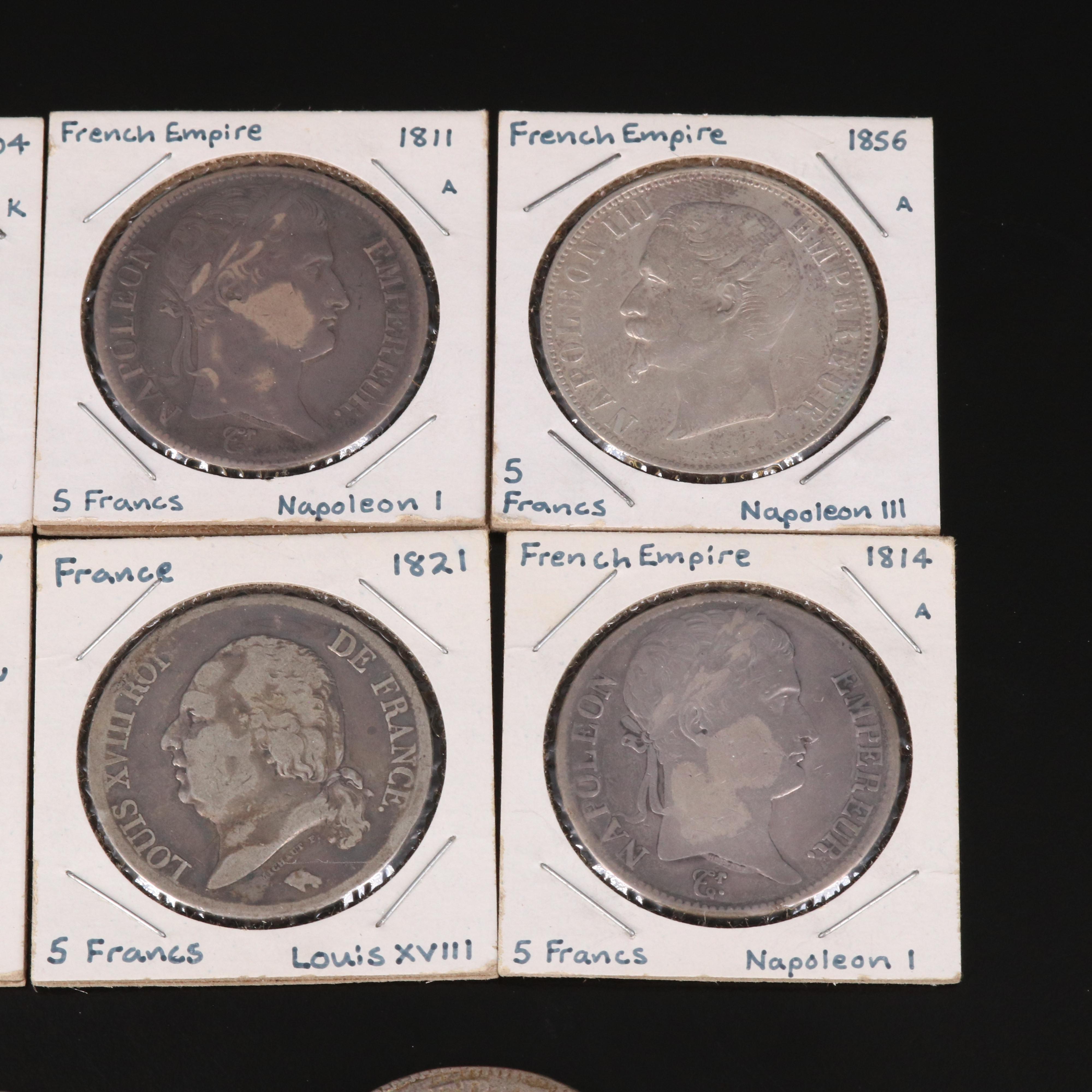 Collection of Eight Different Types of Silver French 5 Francs Coins