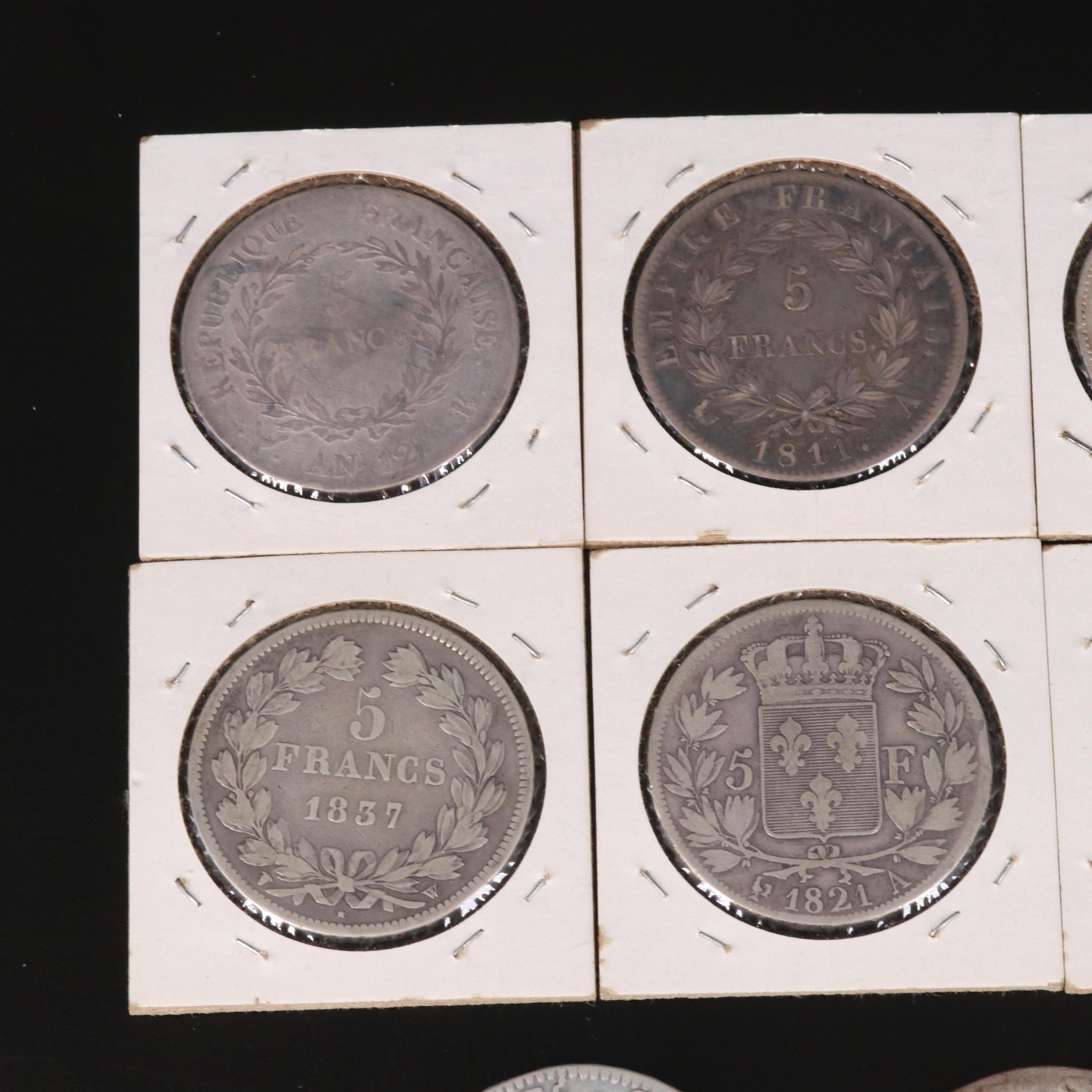 Collection of Eight Different Types of Silver French 5 Francs Coins