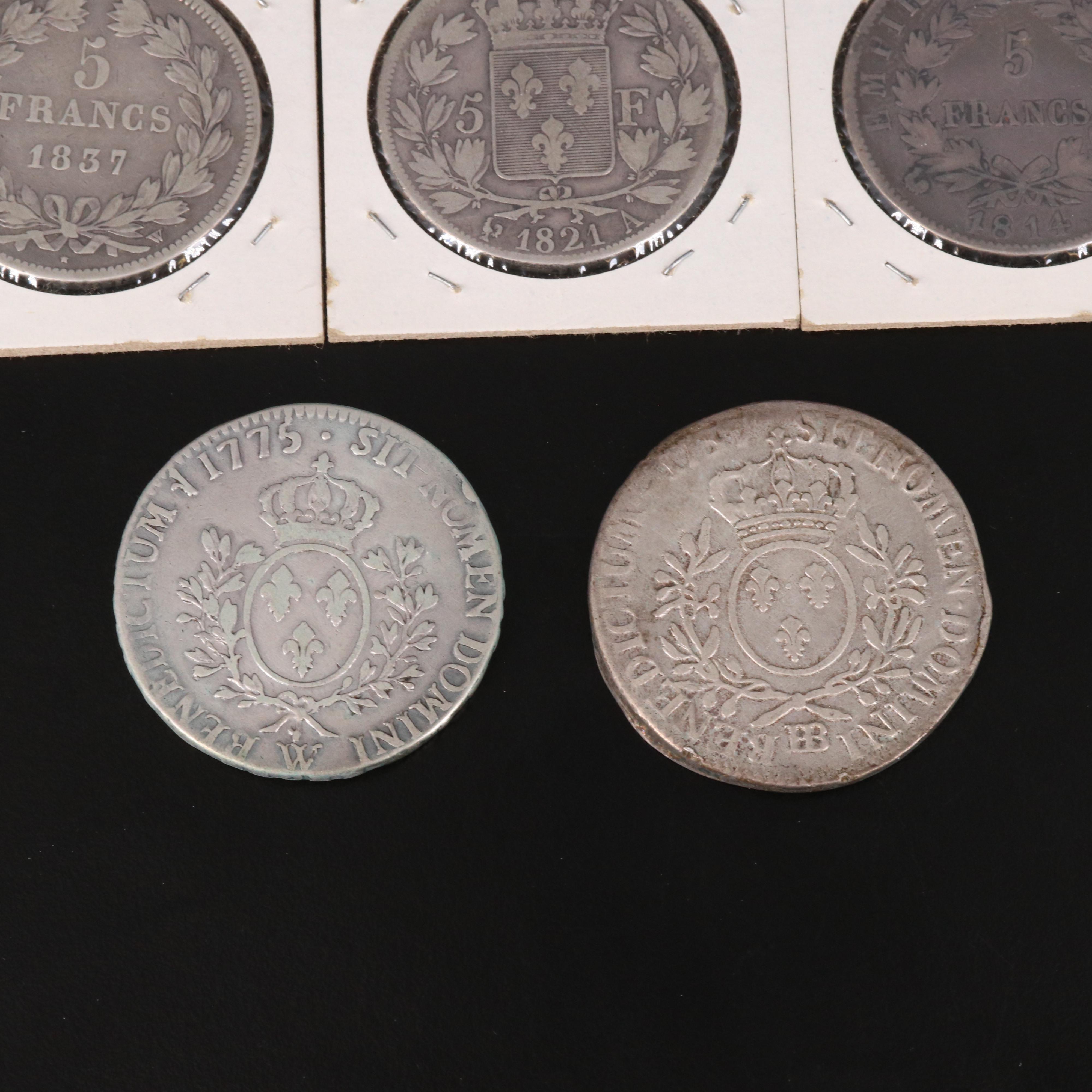 Collection of Eight Different Types of Silver French 5 Francs Coins