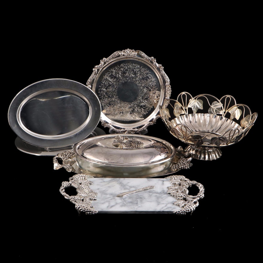 Godinger Silver Plate and Marble Server with Silver Plate Table Accessories