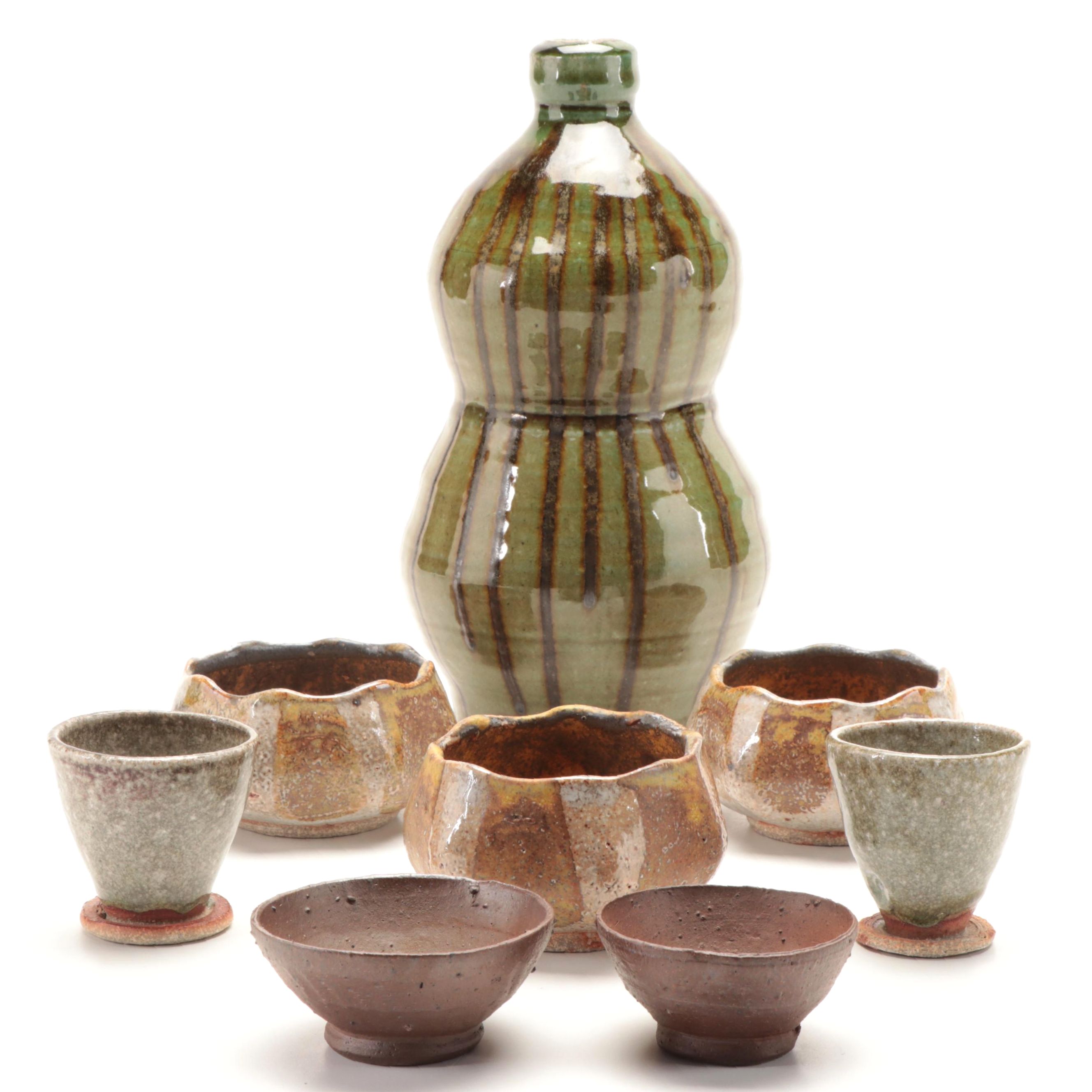 Studio Pottery Glazed Sake Gourd with Sake Cups, Soy Dishes and Matcha Chawans