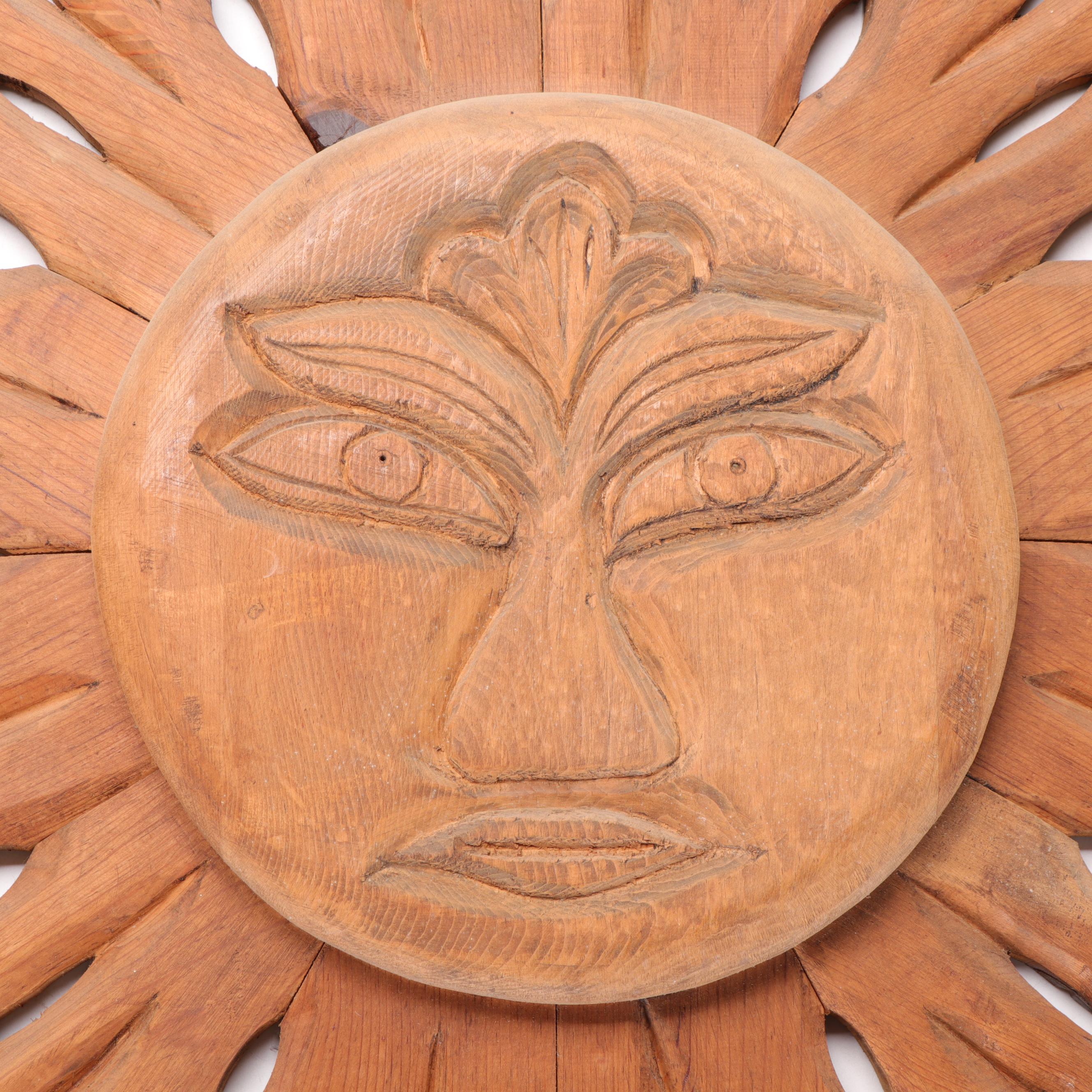 Folk Art Hand-Carved Wooden Sun Face Wall Décor
