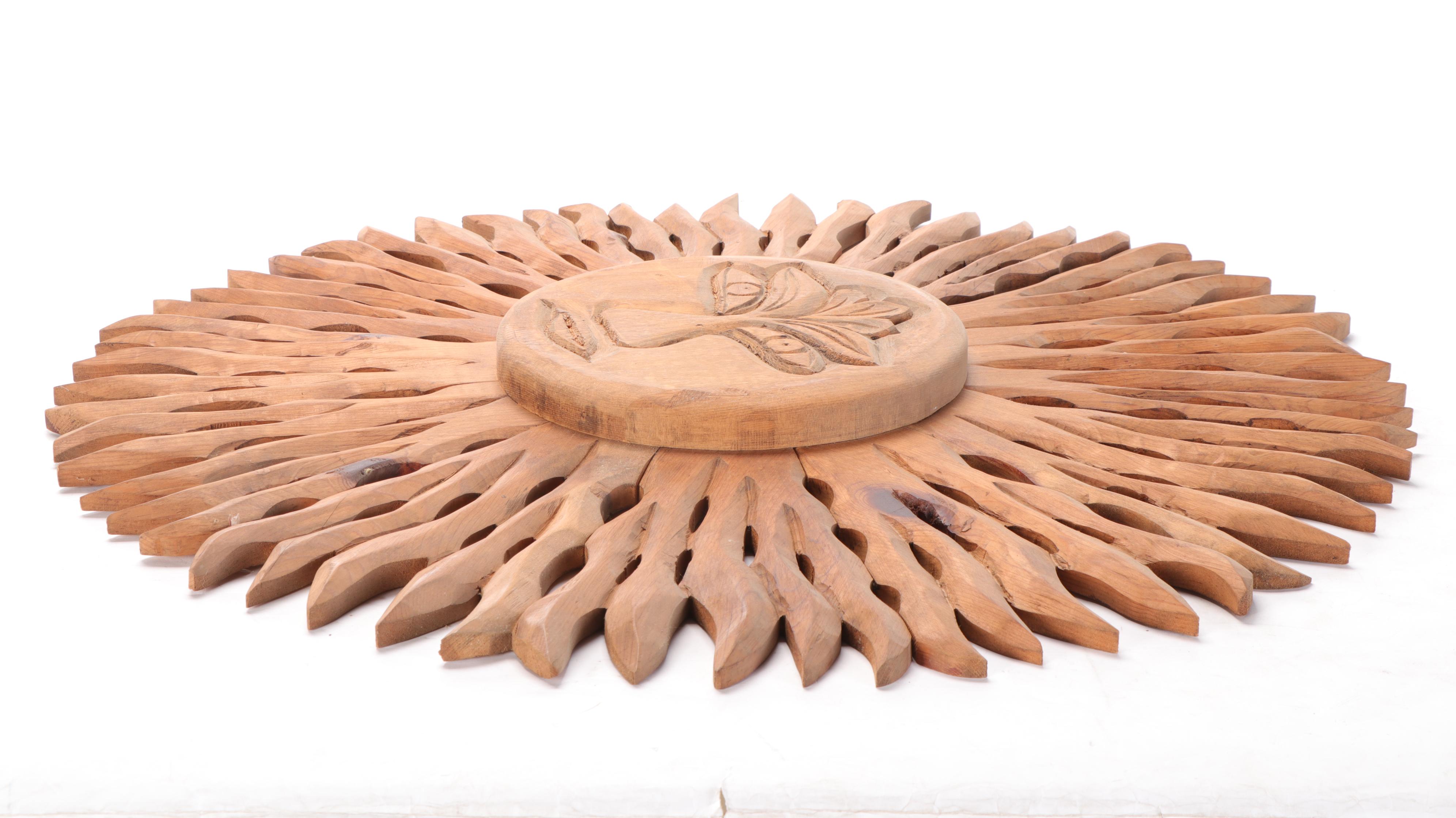 Folk Art Hand-Carved Wooden Sun Face Wall Décor
