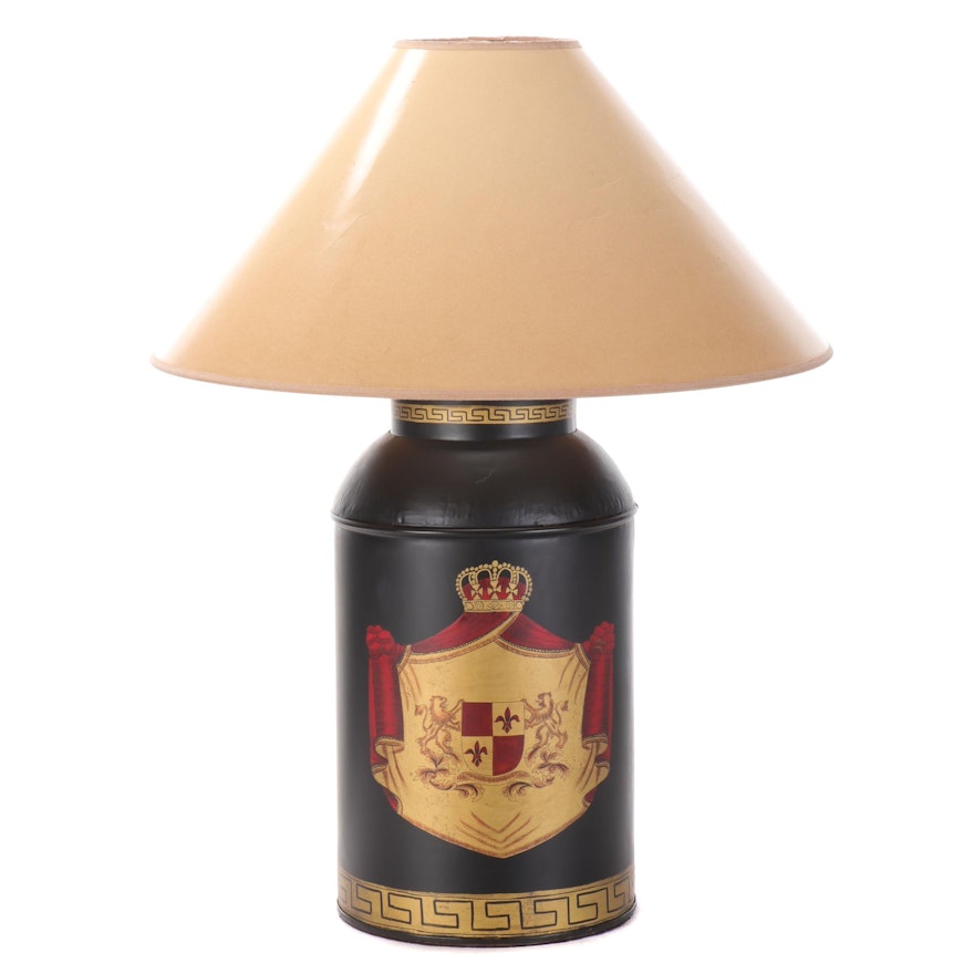 Hand-Decorated Armorial Motif Tin Canister Lamp, Late 20th Century