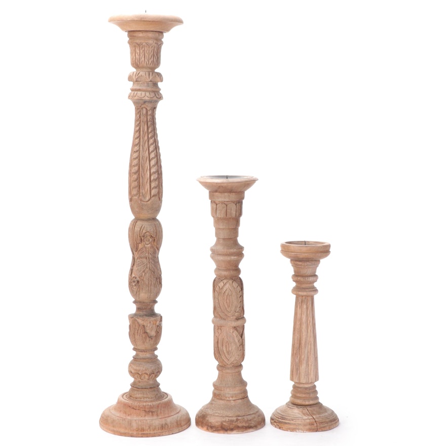 Three Hand-Carved Wooden Pillar Candle Prickets