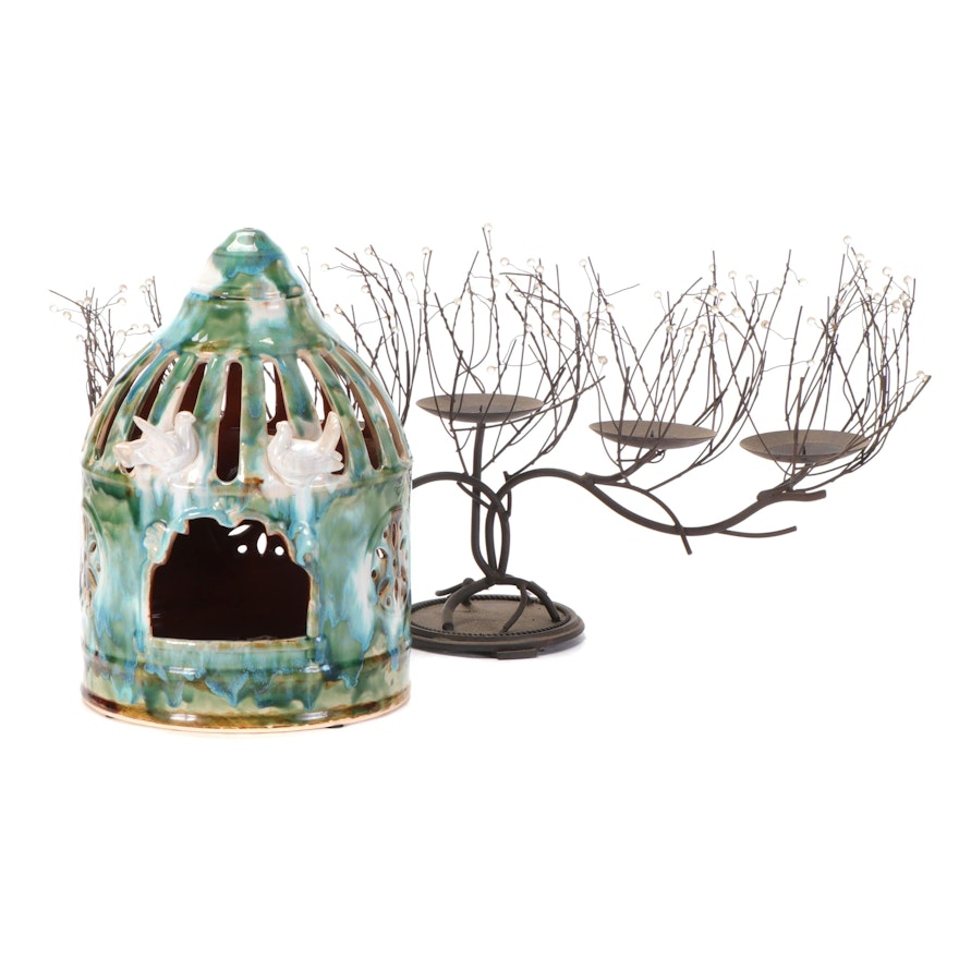 Glazed Dovecote Lantern with Tree Branch Form Candelabra