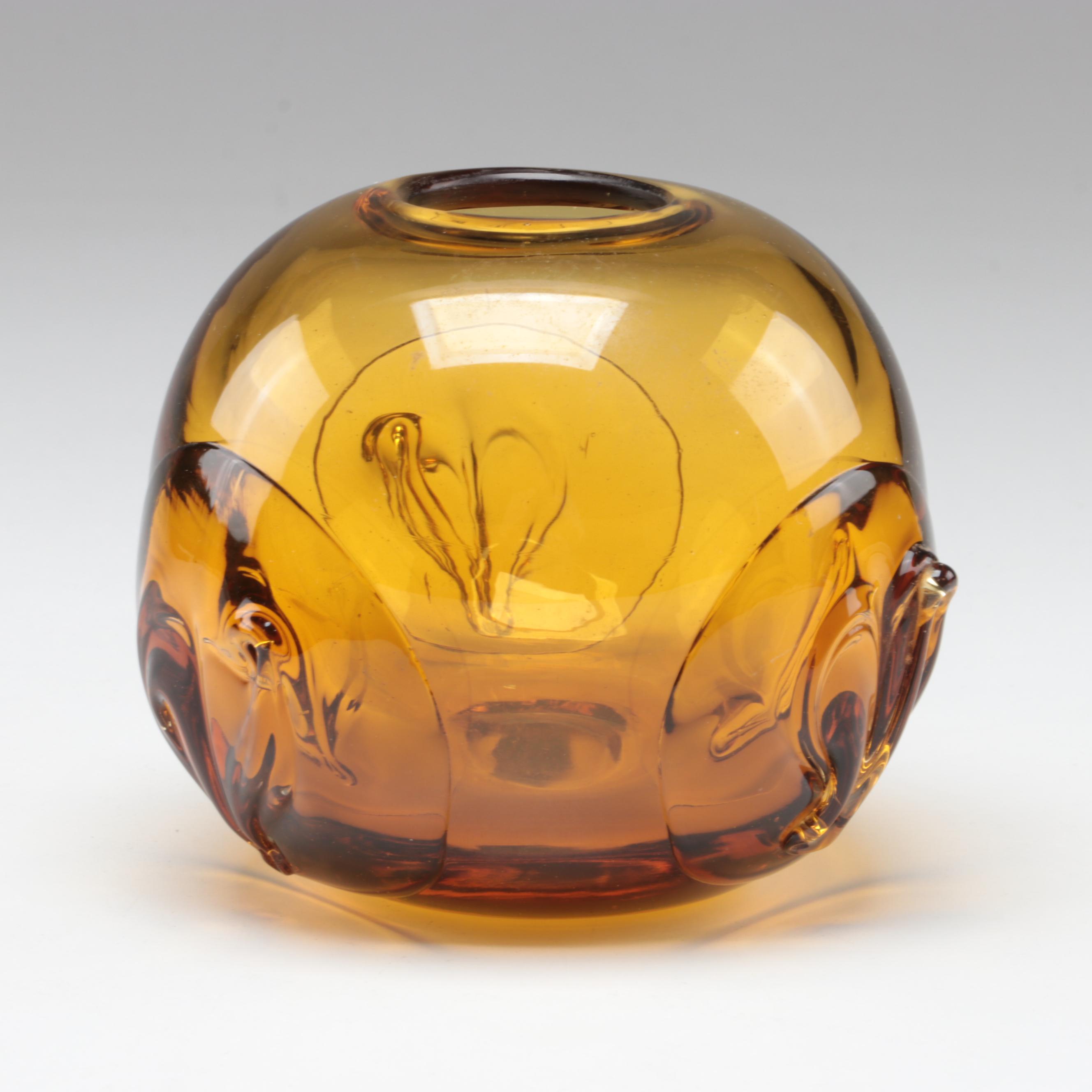 Dominick Labino Blown Amber with Applied Decoration Studio Art Glass Vase, 1977